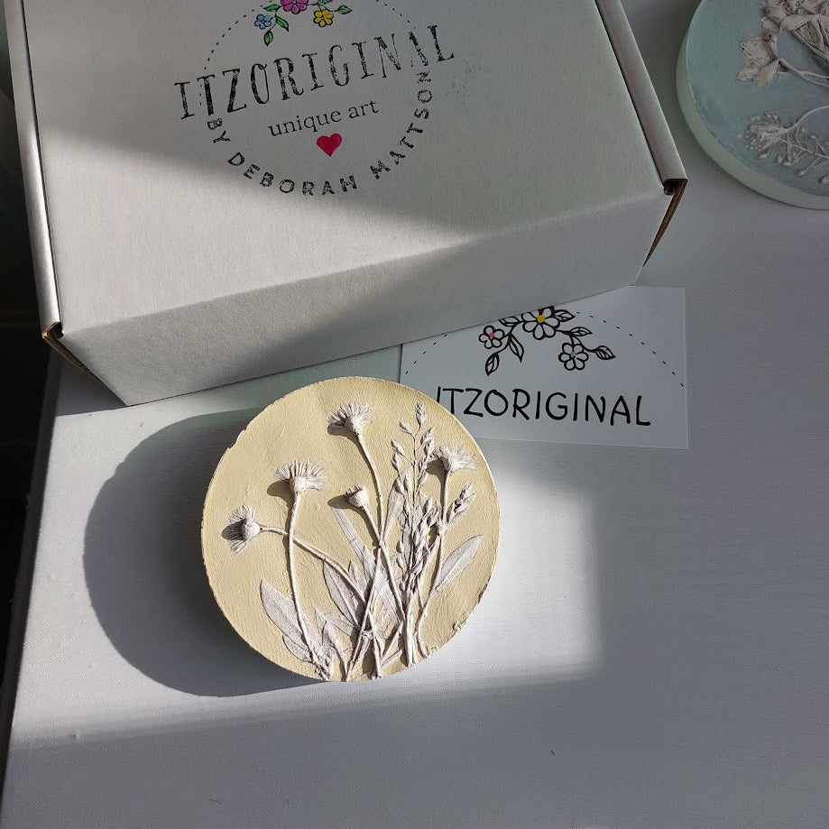 Hand-pressed botanical Wall Art | Floral Bas-Relief Plaster Plaque