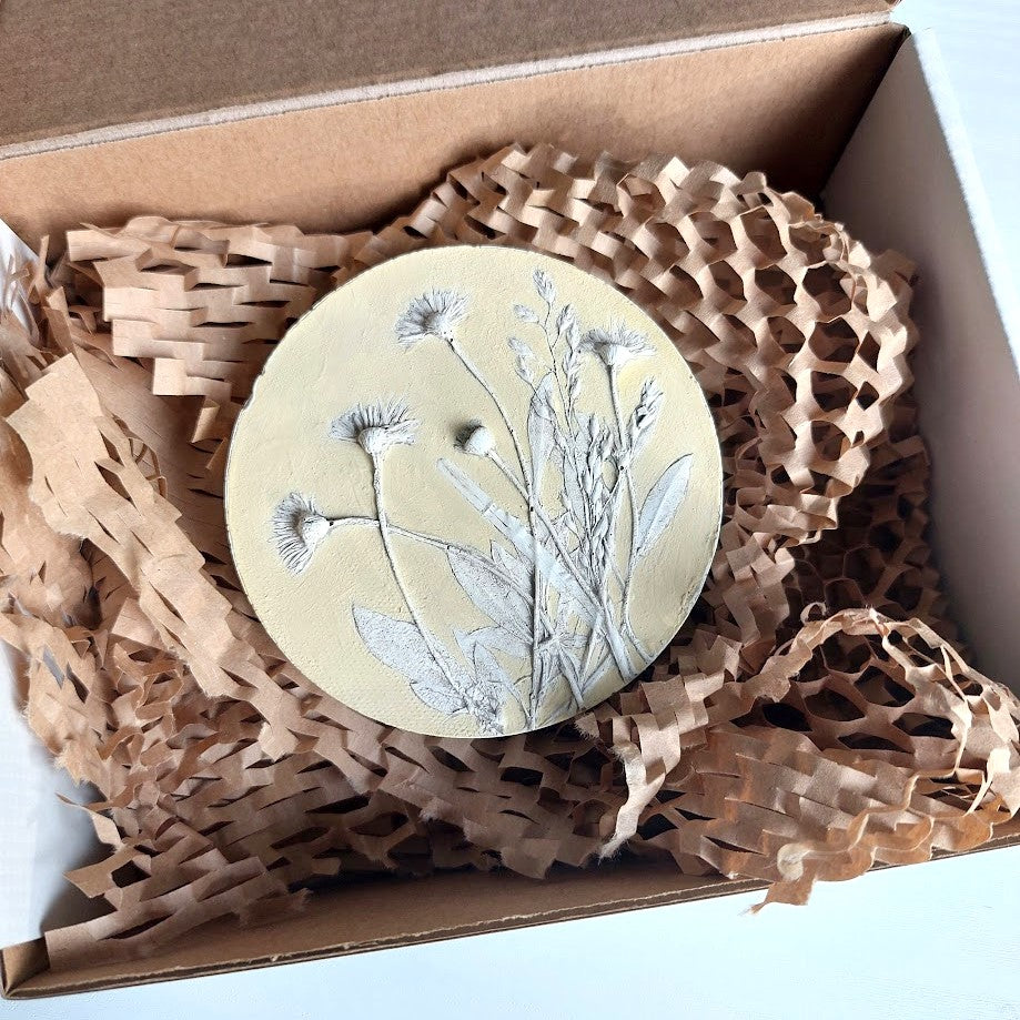 Hand-pressed botanical Wall Art | Floral Bas-Relief Plaster Plaque