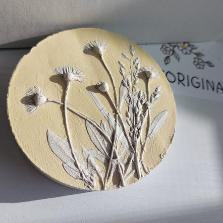 Hand-pressed botanical Wall Art | Floral Bas-Relief Plaster Plaque