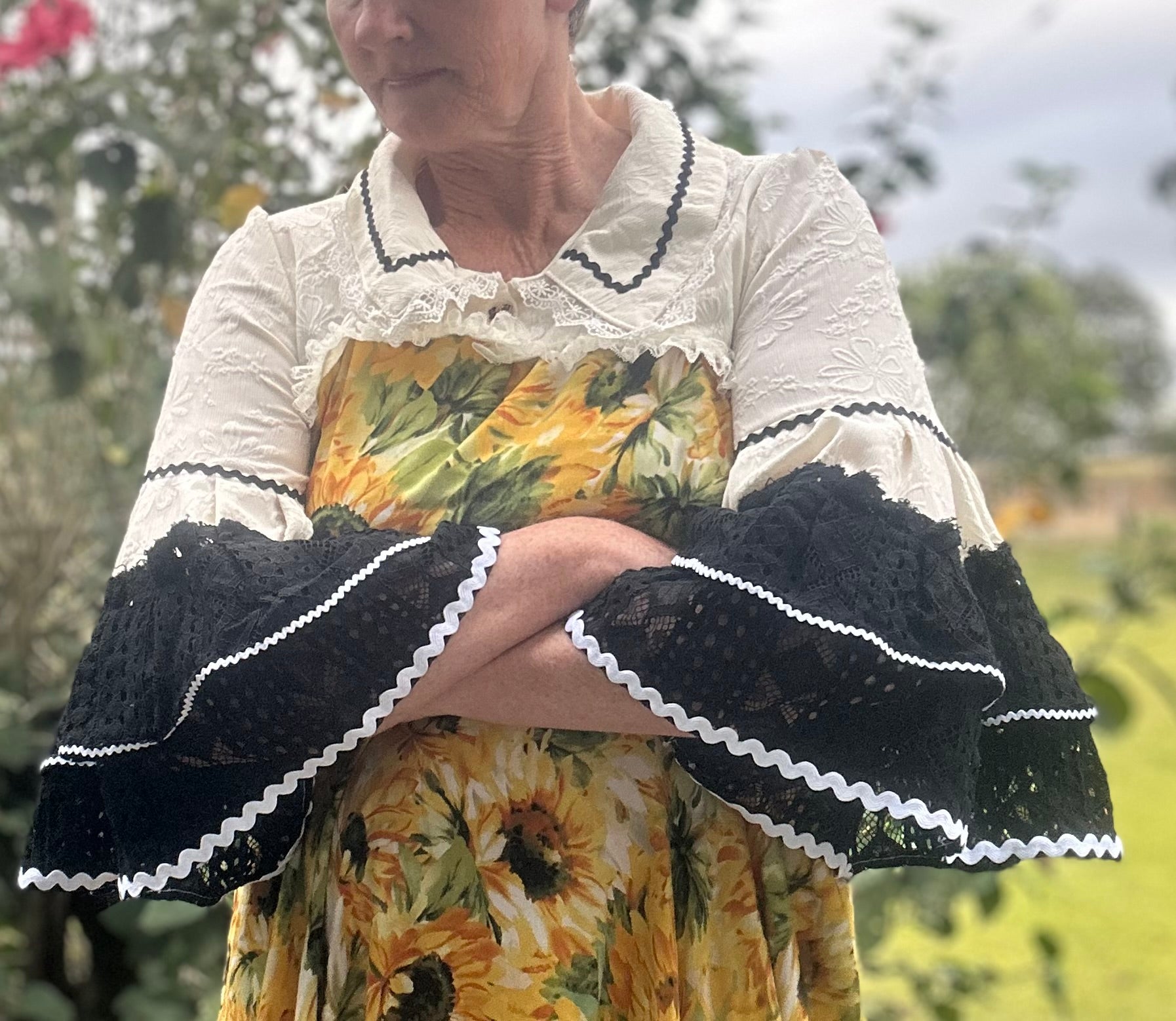 Upcycled Cream Embossed Bolero Black Lace Sleeves