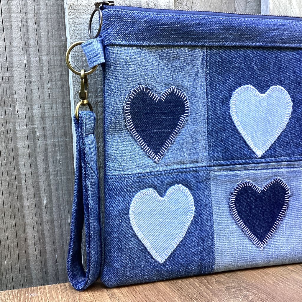 Large Upcycled Denim Pouch – 6 Denim Hearts