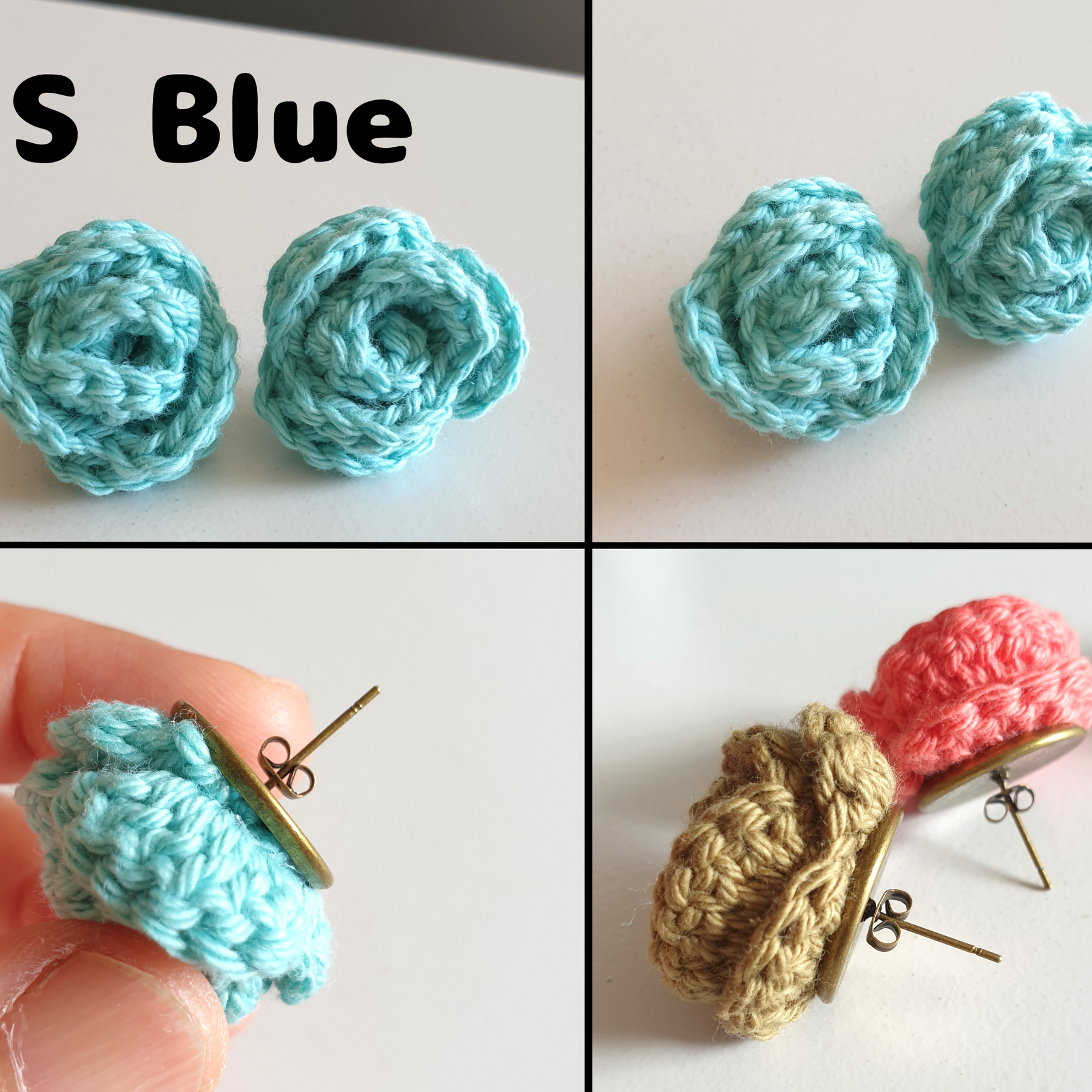 Small Hand Knitted Small Crochet Rose Flower Stud earrings : Blue White Gray