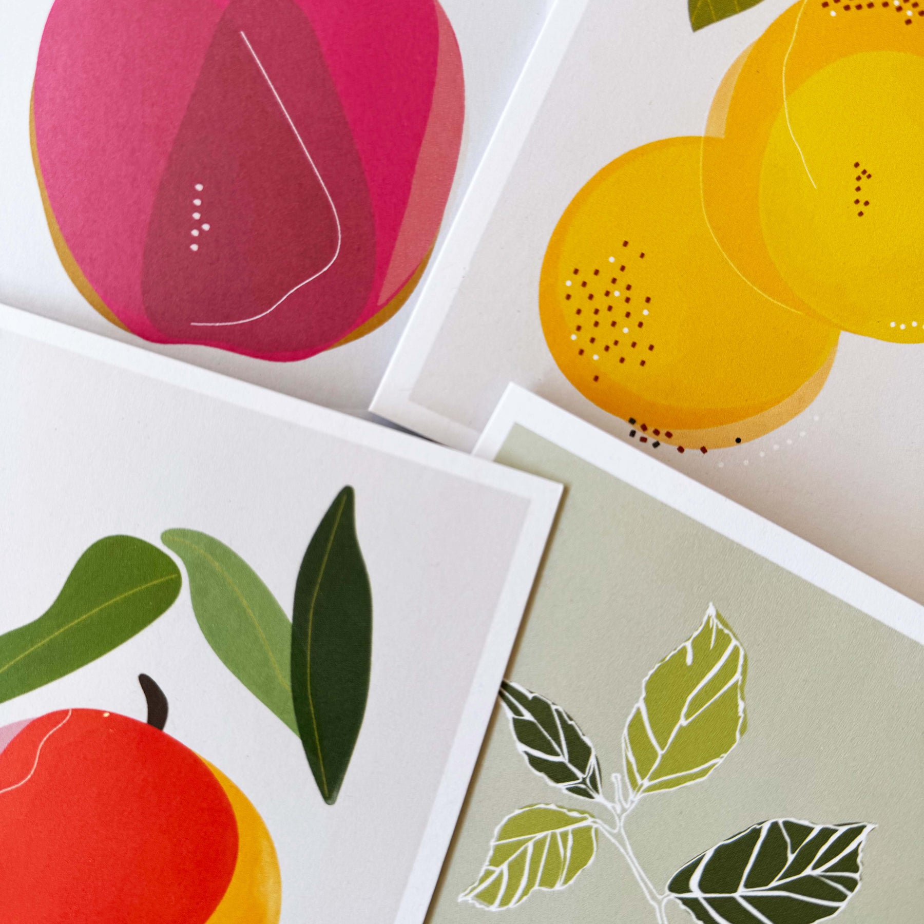 Set of 4 Fruit Illustration Greeting Cards: Mango, Apple, Lemon, Orange