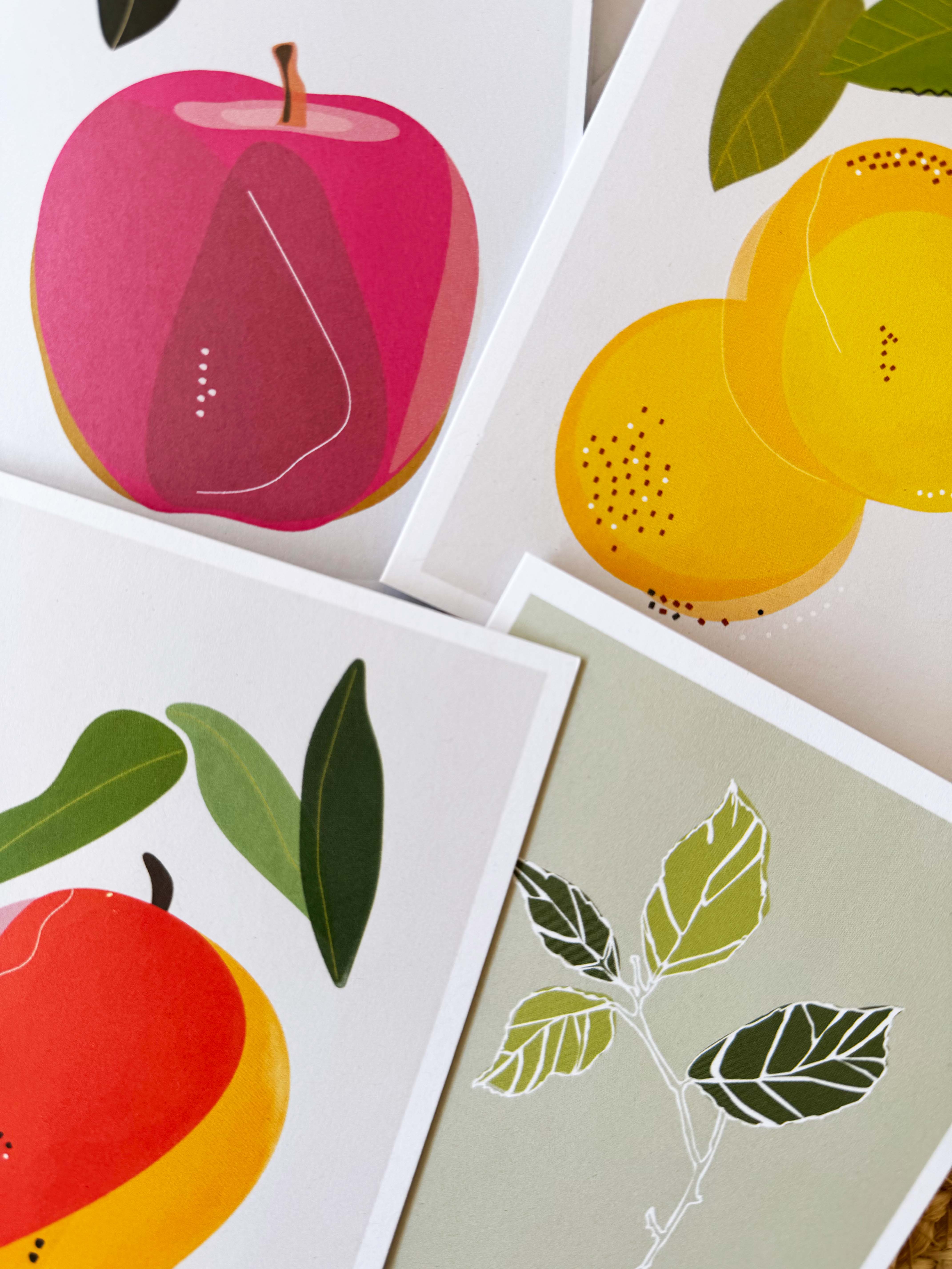 Set of 4 Fruit Illustration Greeting Cards: Mango, Apple, Lemon, Orange