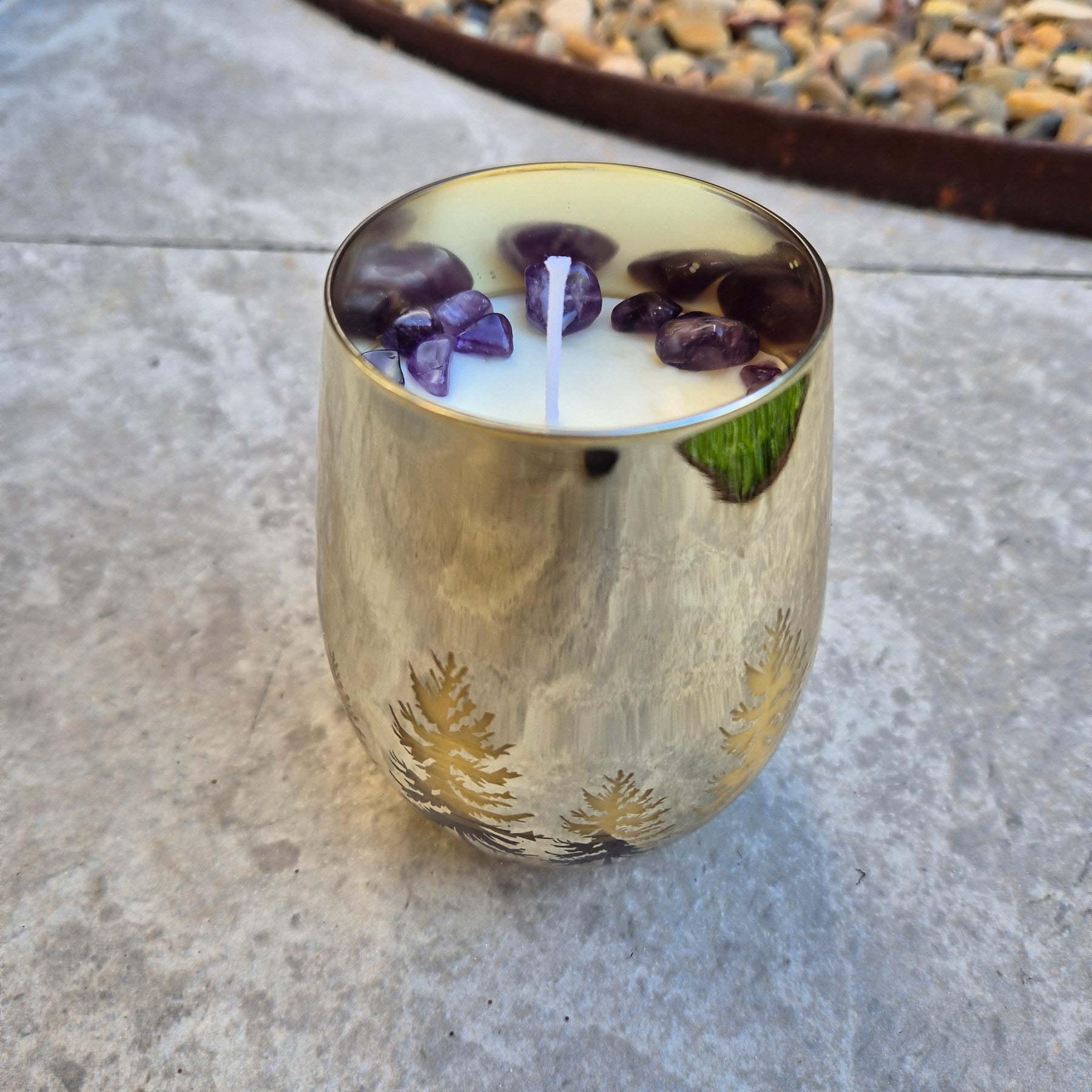 Gold christmas tree glass jar candle with amethyst and lavender