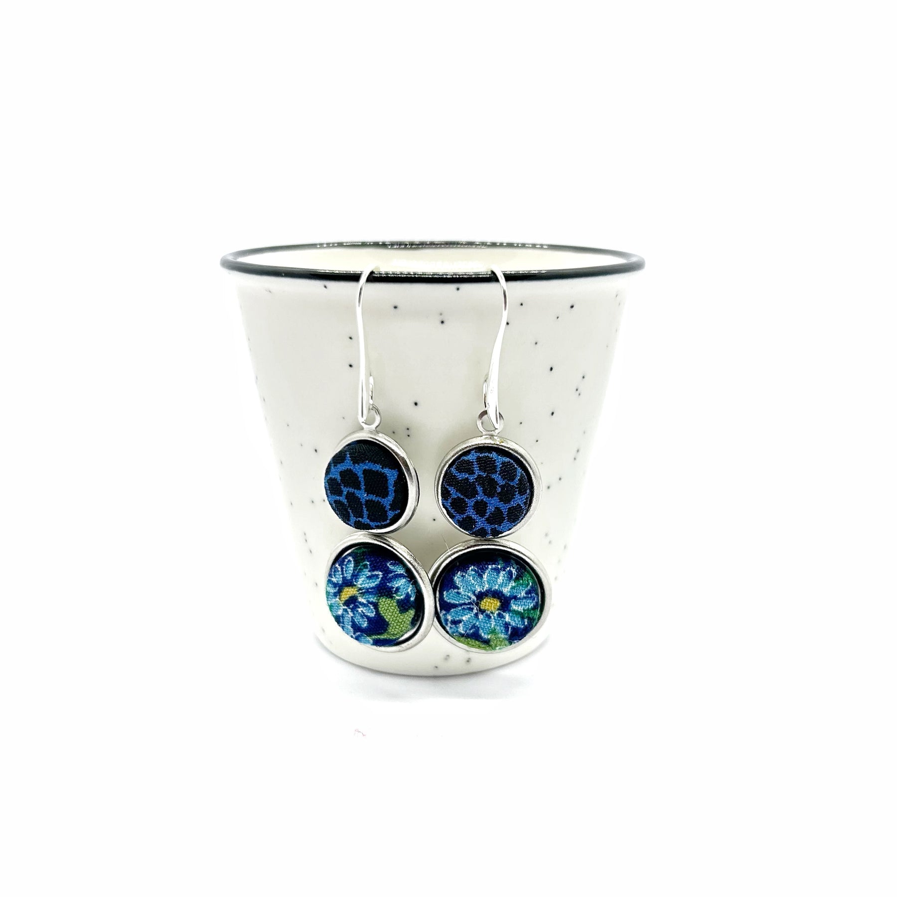 Double Drop Kimono Fabric Button Earrings - Blues