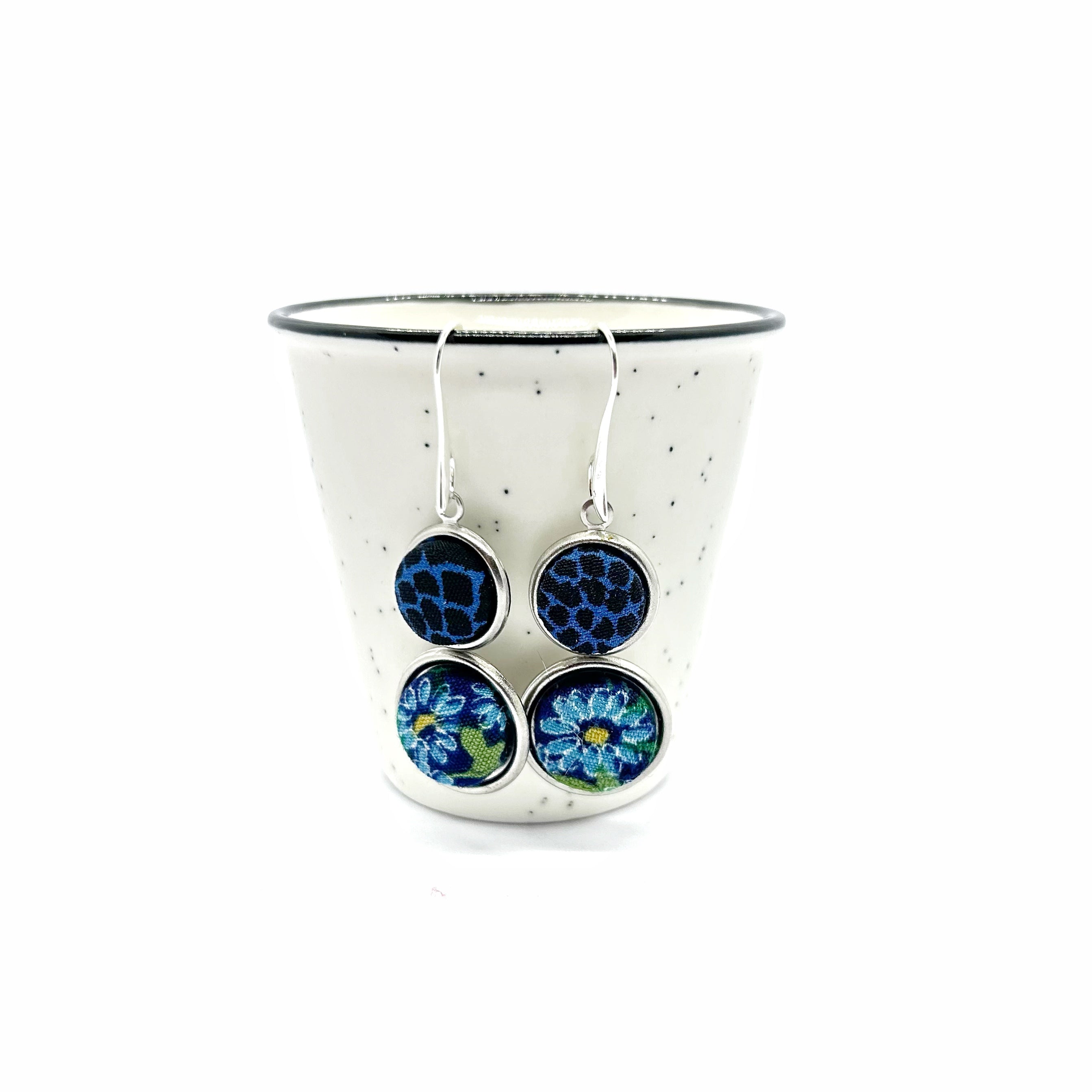 Double Drop Kimono Fabric Button Earrings - Blues