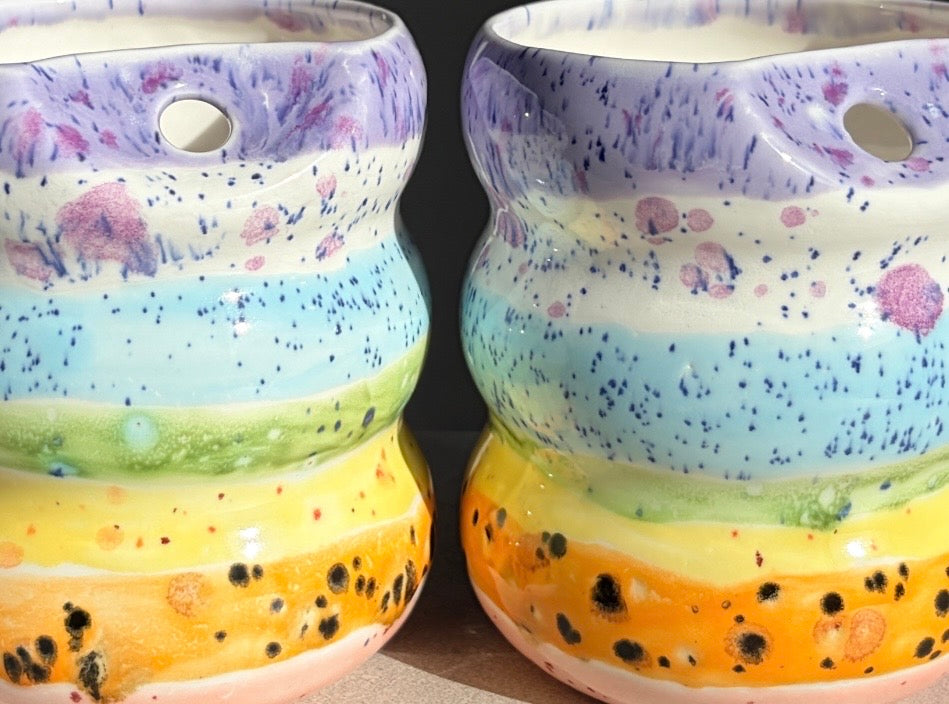 Handcrafted Porcelain Tumbler with Silicon Straw, 600mL Bubble Cup in Rainbow Glaze