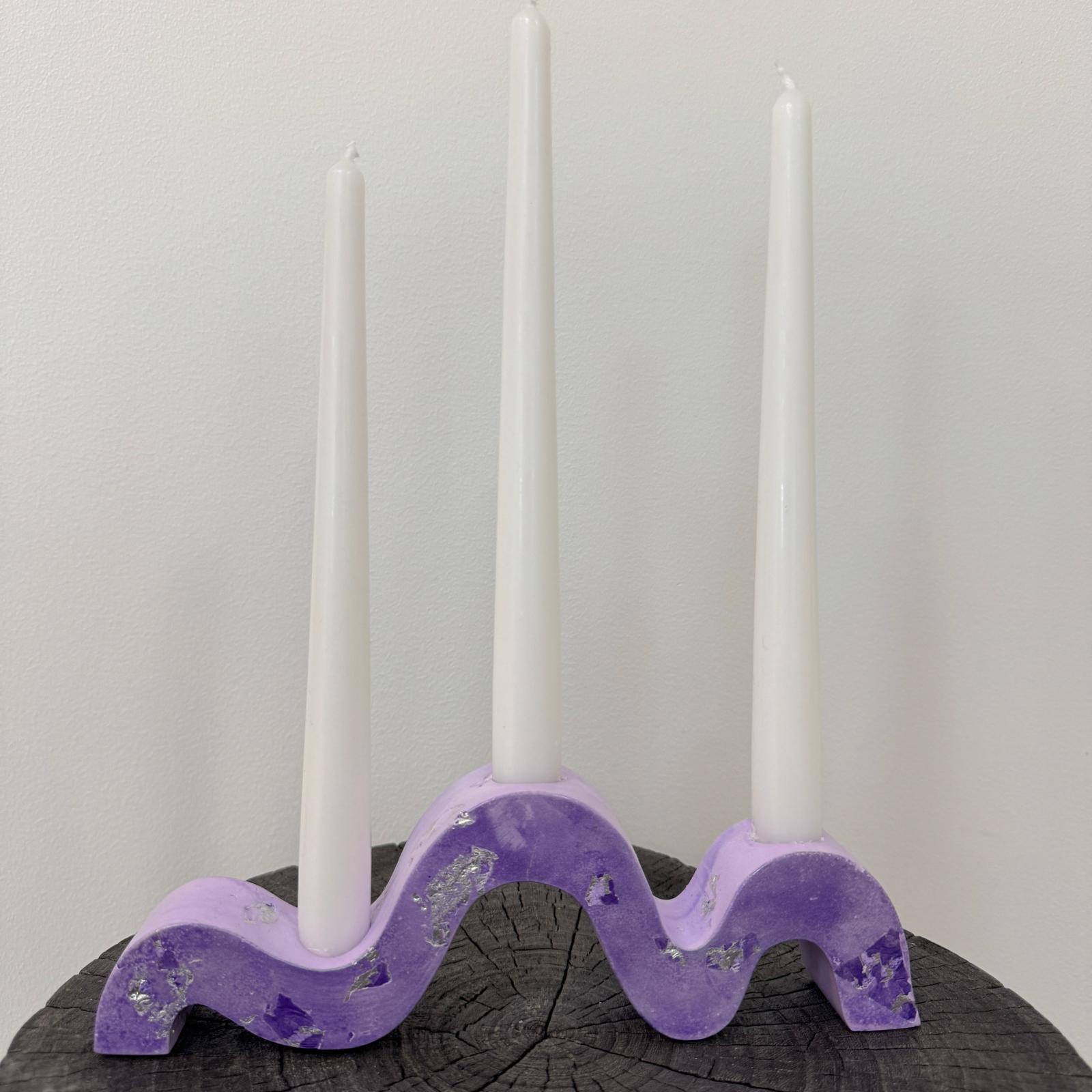 Lilac and silver wave concrete holder for 3 taper candles