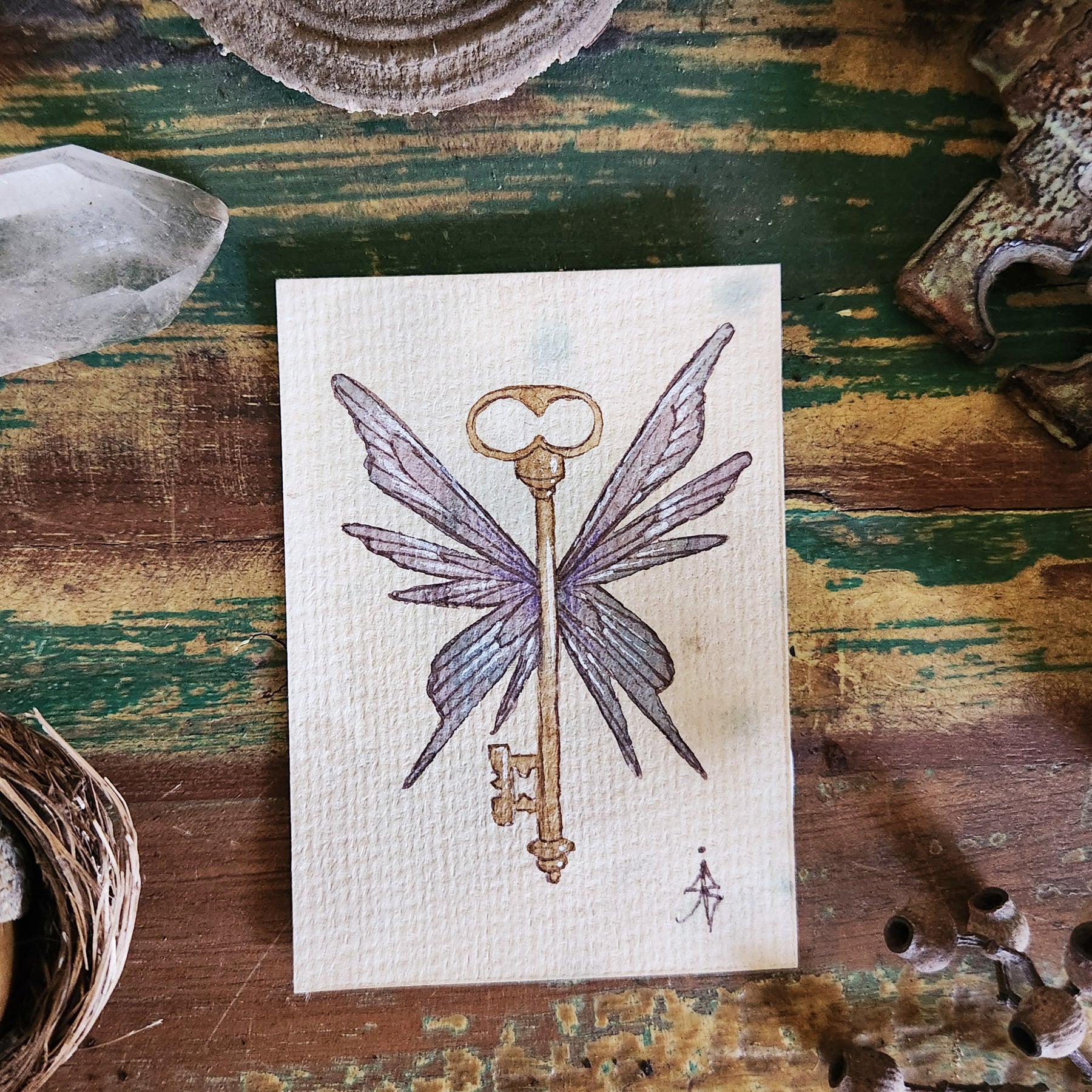 ACEO Mini Watercolour Artwork Original Art Card Collectable - Flying Key