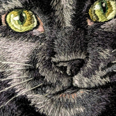 Black Cat Thread Painting – Hand Embroidered Pet Portrait in Hoop