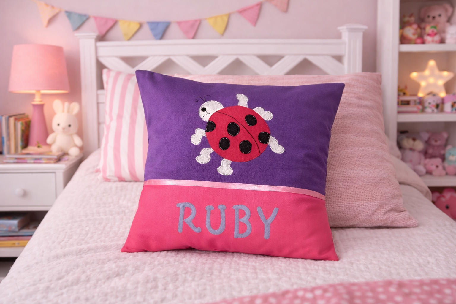 Personalised Kids Cushion | Custom Name Pillow | Handmade Applique Cushion | Nursery Decor - Ladybug