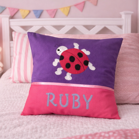 Personalised Kids Cushion | Custom Name Pillow | Handmade Applique Cushion | Nursery Decor - Ladybug