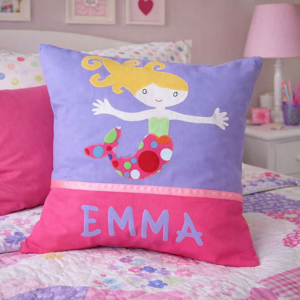 Personalised Kids Cushion | Custom Name Pillow | Handmade Applique Cushion | Nursery Decor - Mermaid