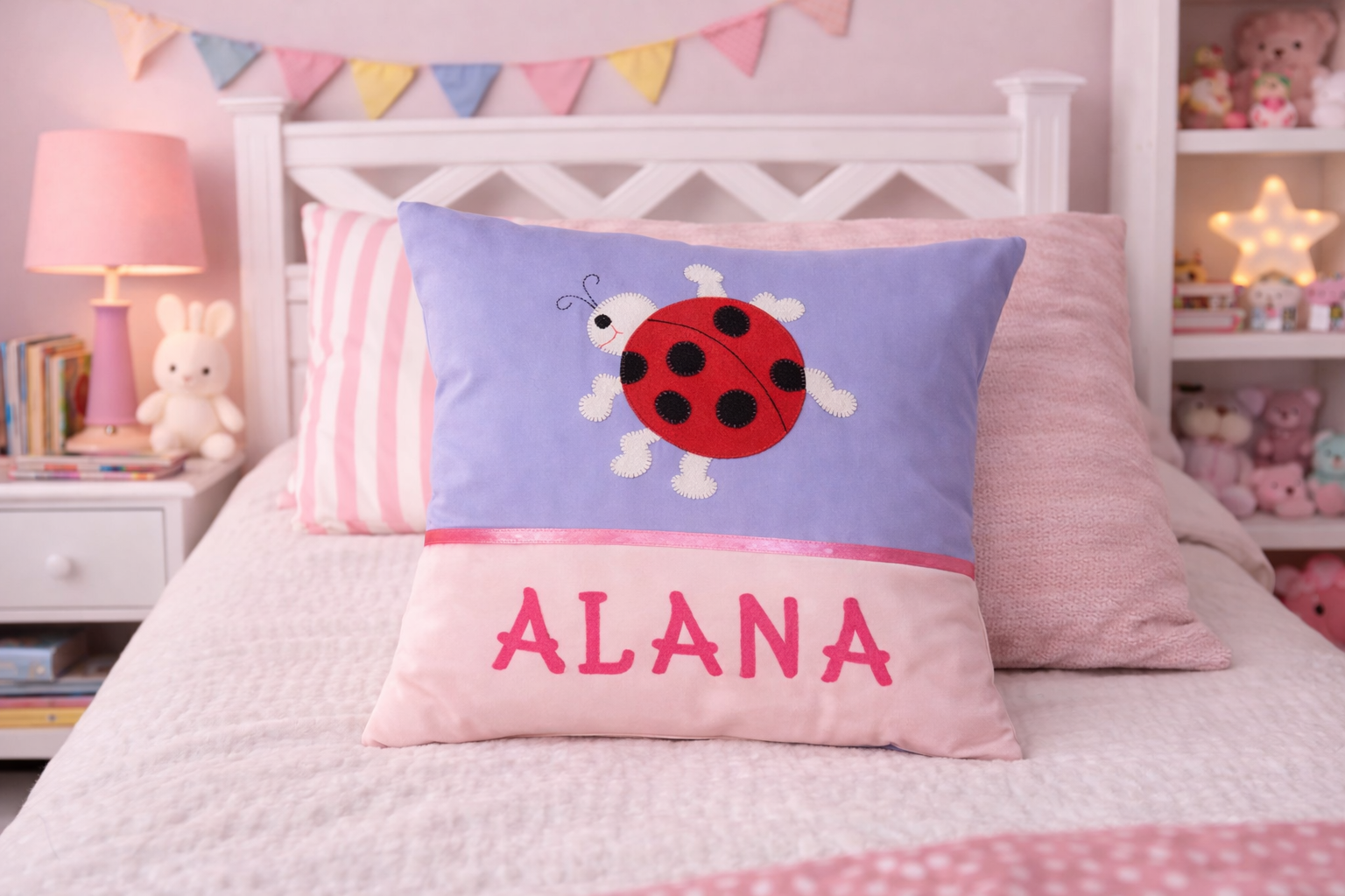 Personalised Kids Cushion | Custom Name Pillow | Handmade Applique Cushion | Nursery Decor - Ladybug