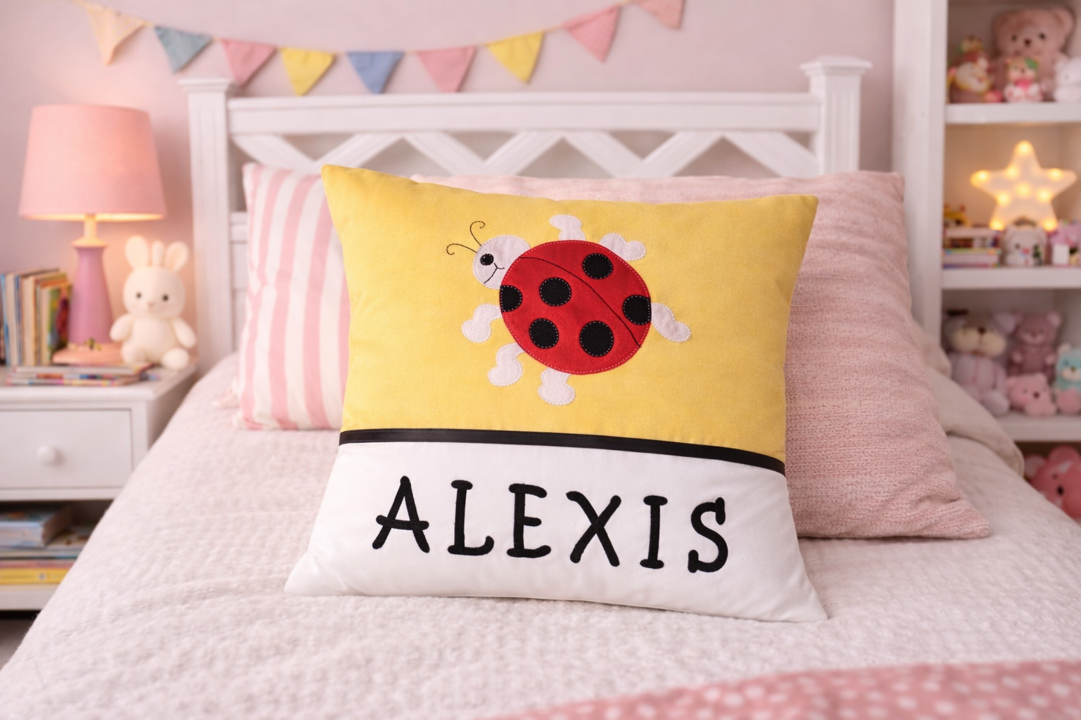 Personalised Kids Cushion | Custom Name Pillow | Handmade Applique Cushion | Nursery Decor - Ladybug