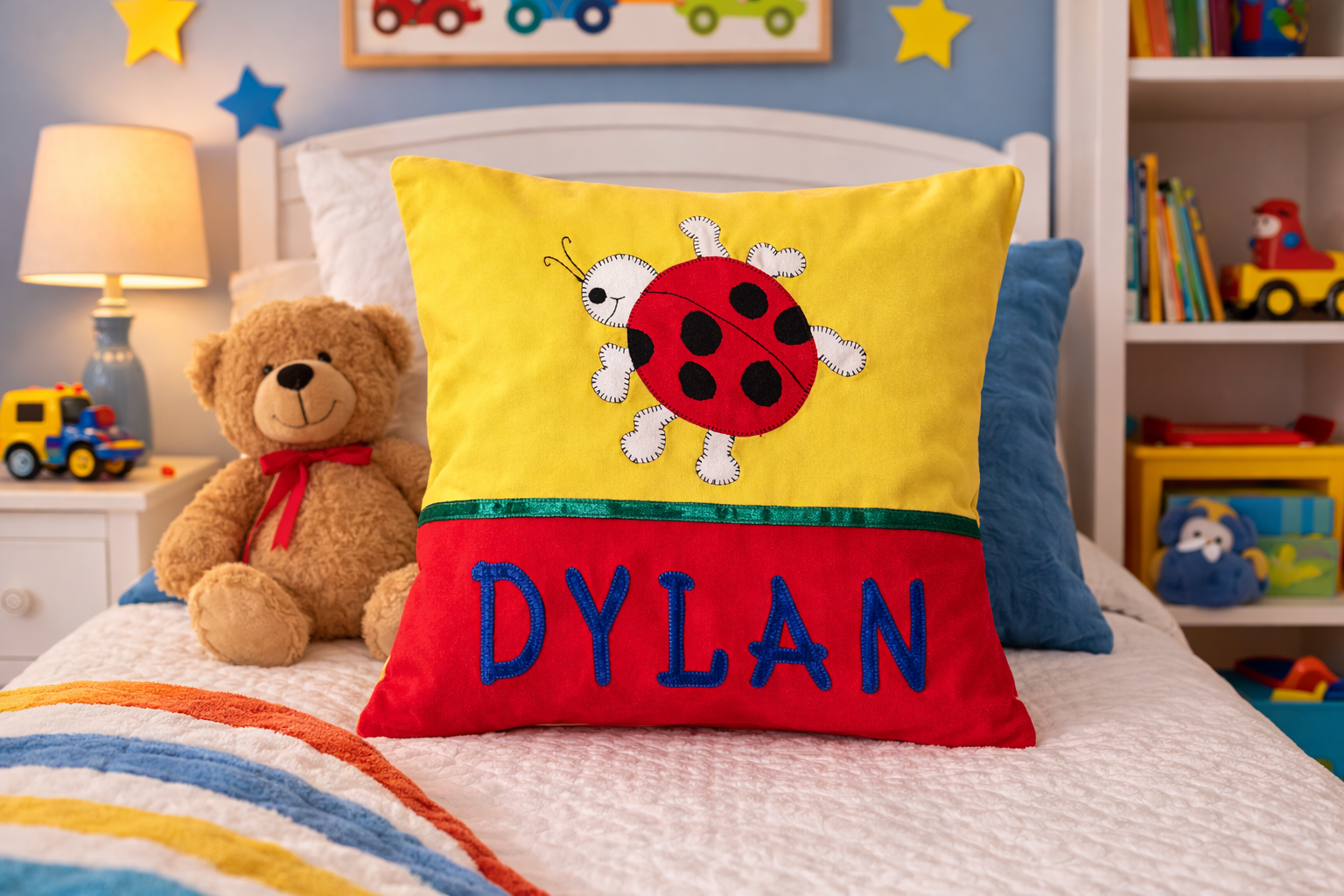 Personalised Kids Cushion | Custom Name Pillow | Handmade Applique Cushion | Nursery Decor - Ladybug