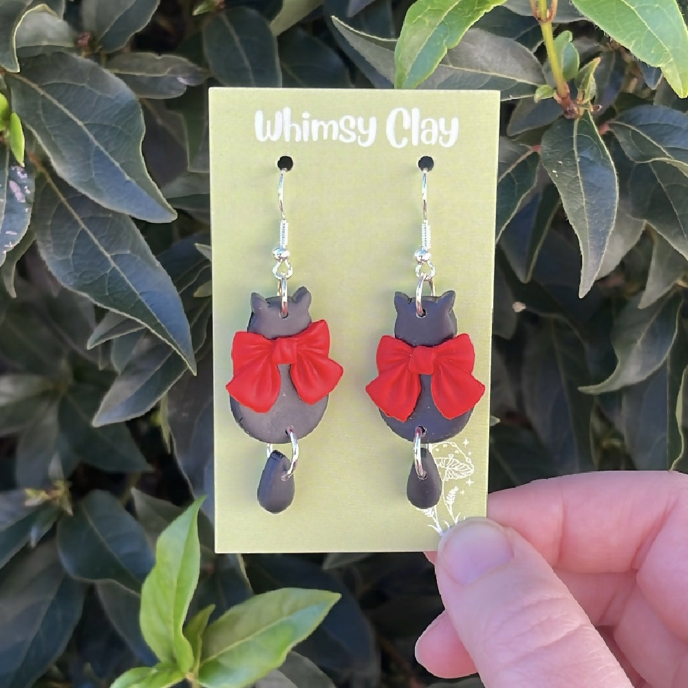 Black Cats with Red Bows Earrings