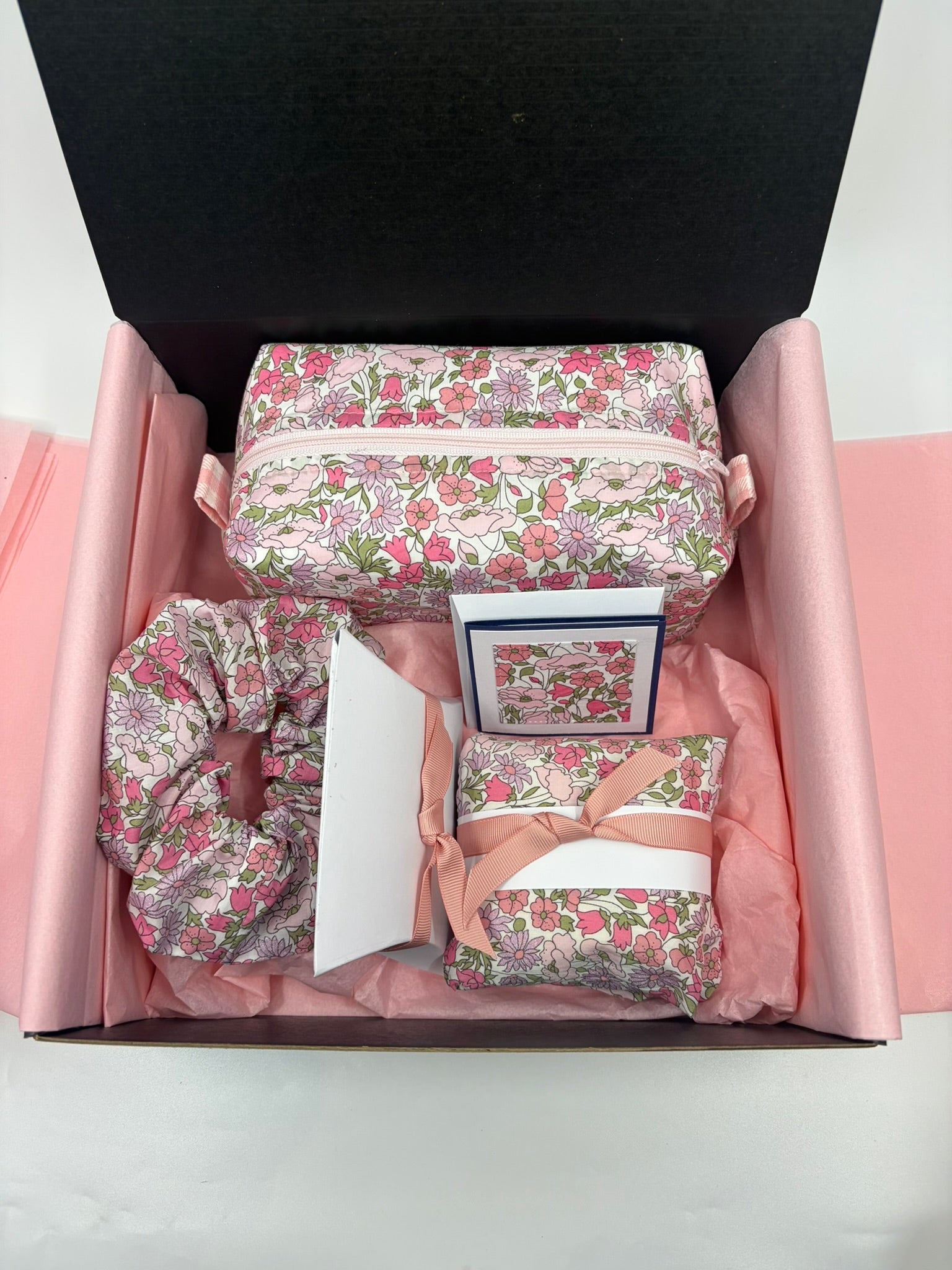 Liberty Fabric Luxury Handmade gift box including a zipper pouch, ear rings and scrunchie