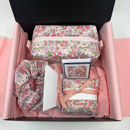Liberty Fabric Luxury Handmade gift box including a zipper pouch, ear rings and scrunchie