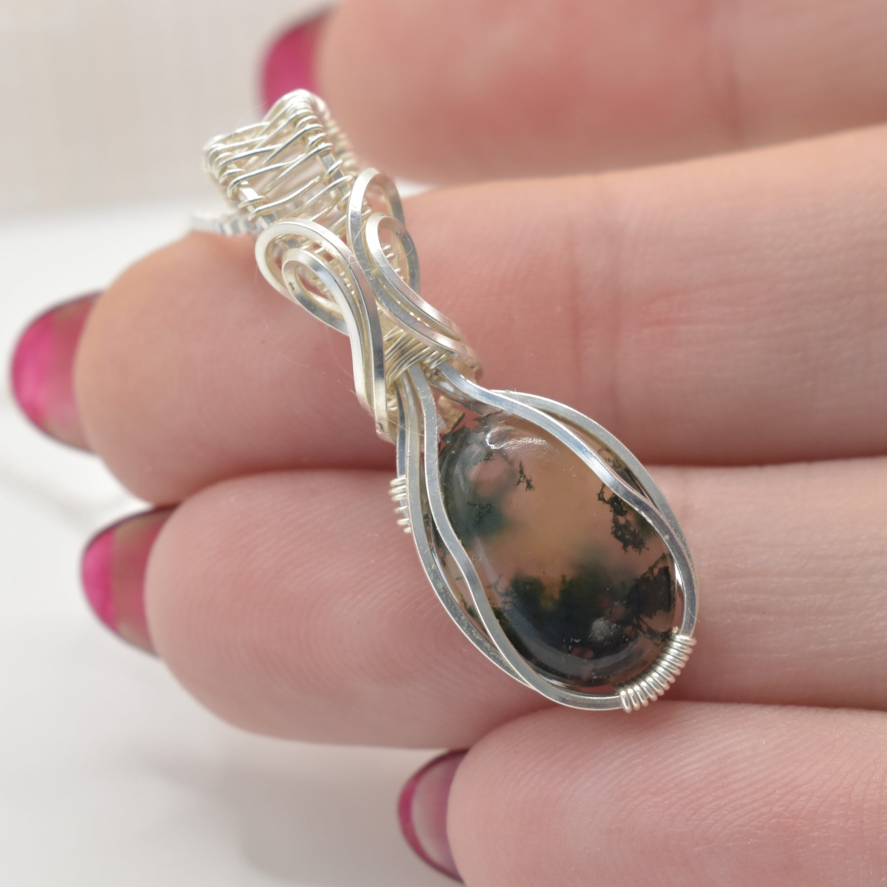 Wire-wrapped Moss Agate Silver Pendant