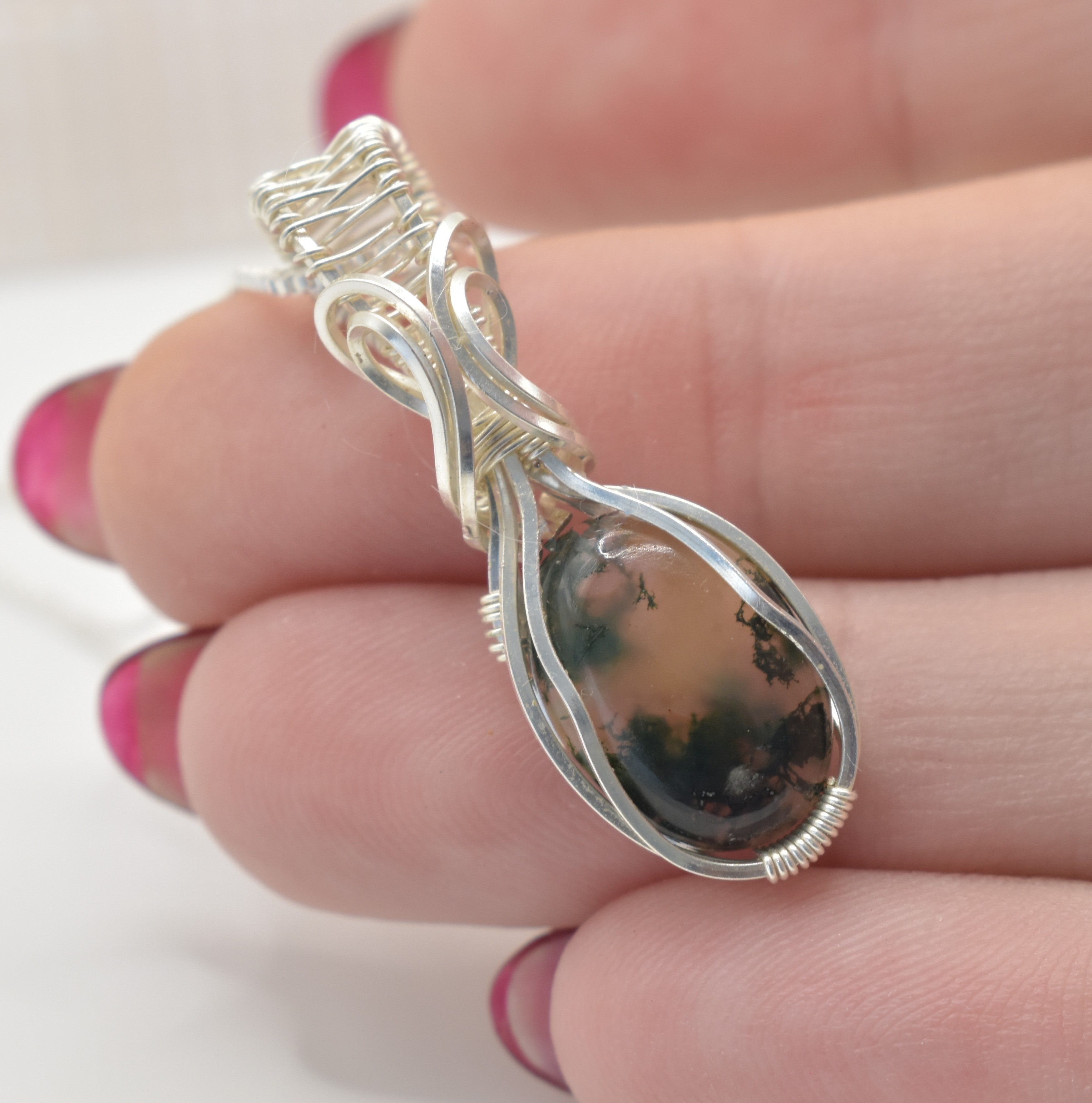 Wire-wrapped Moss Agate Silver Pendant