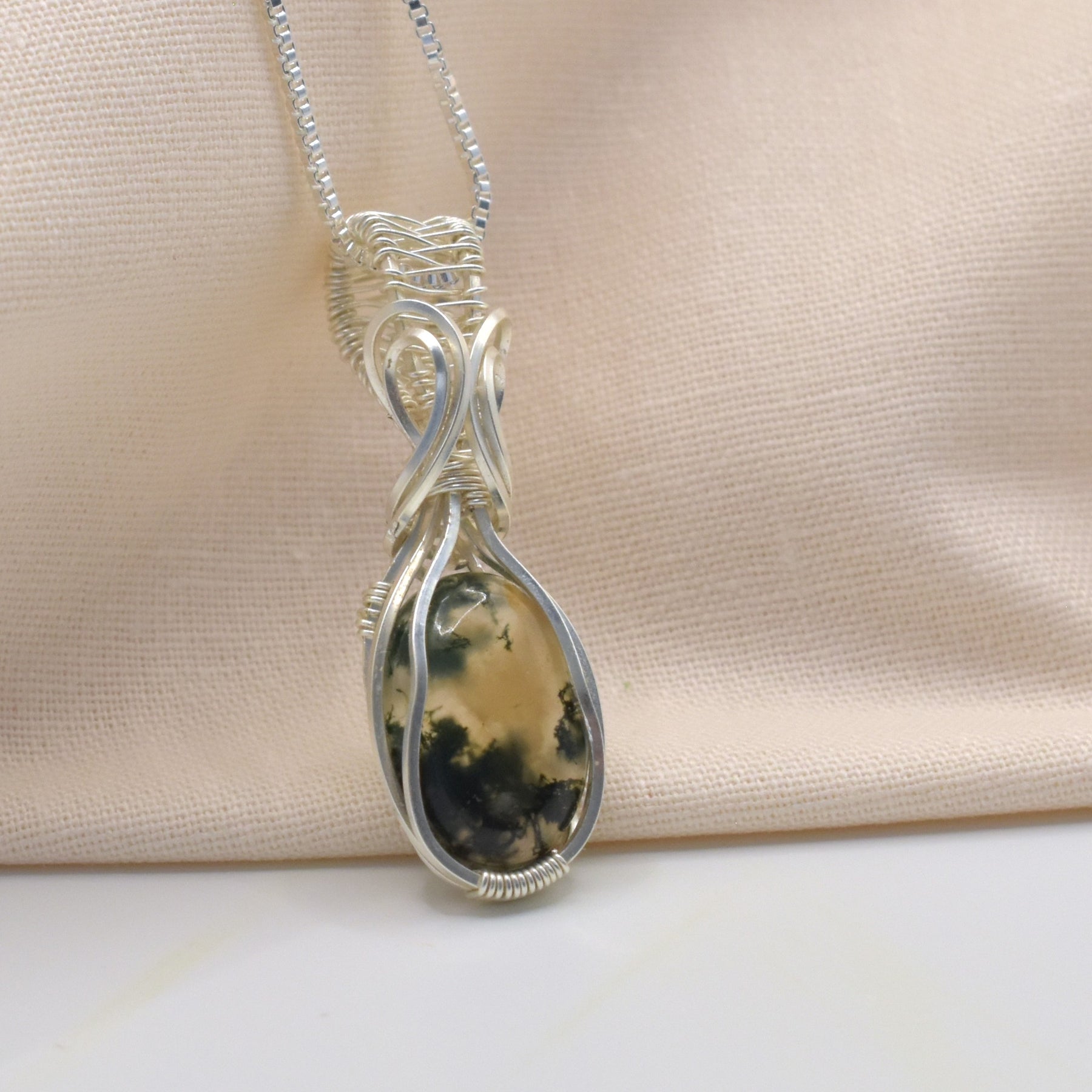 Wire-wrapped Moss Agate Silver Pendant