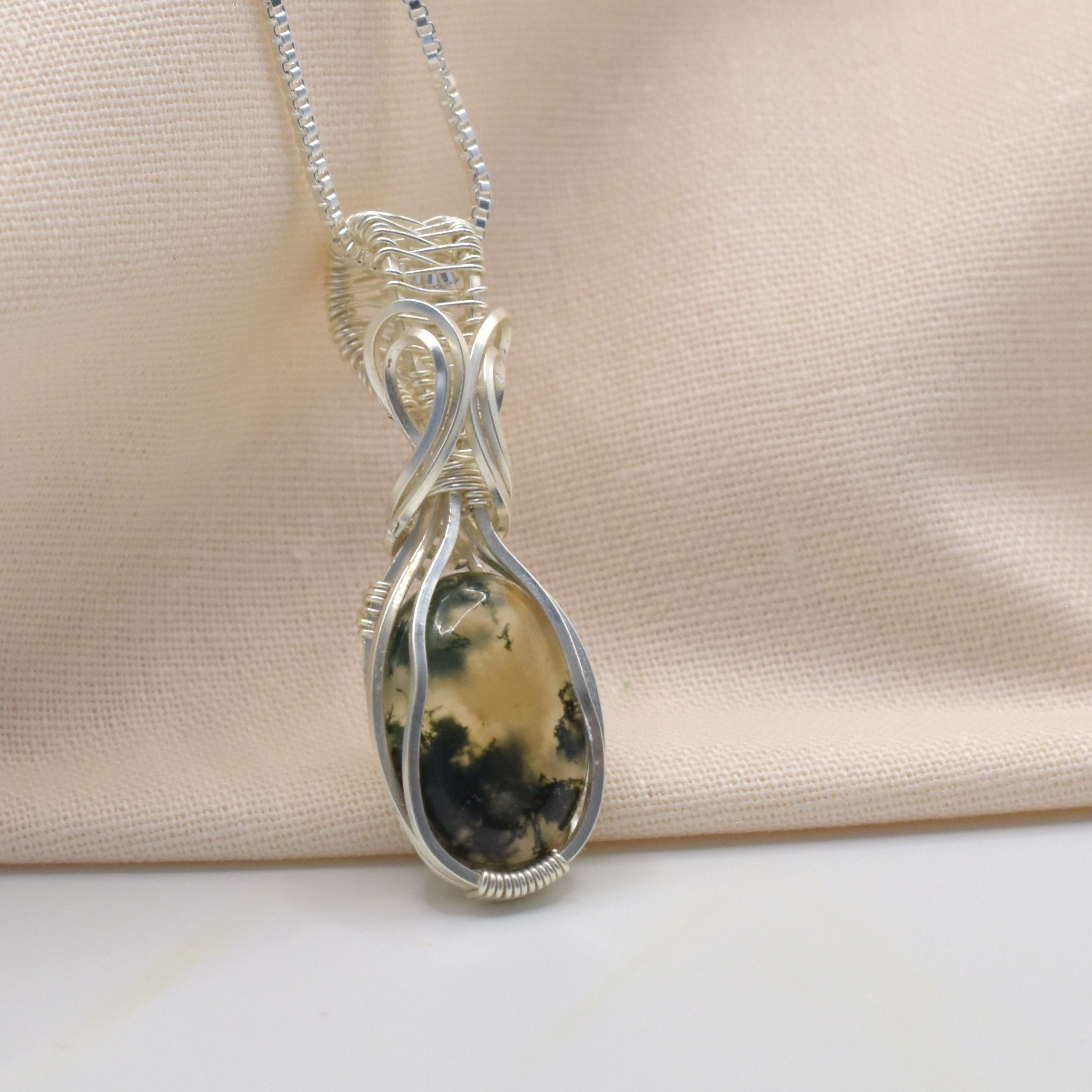 Wire-wrapped Moss Agate Silver Pendant
