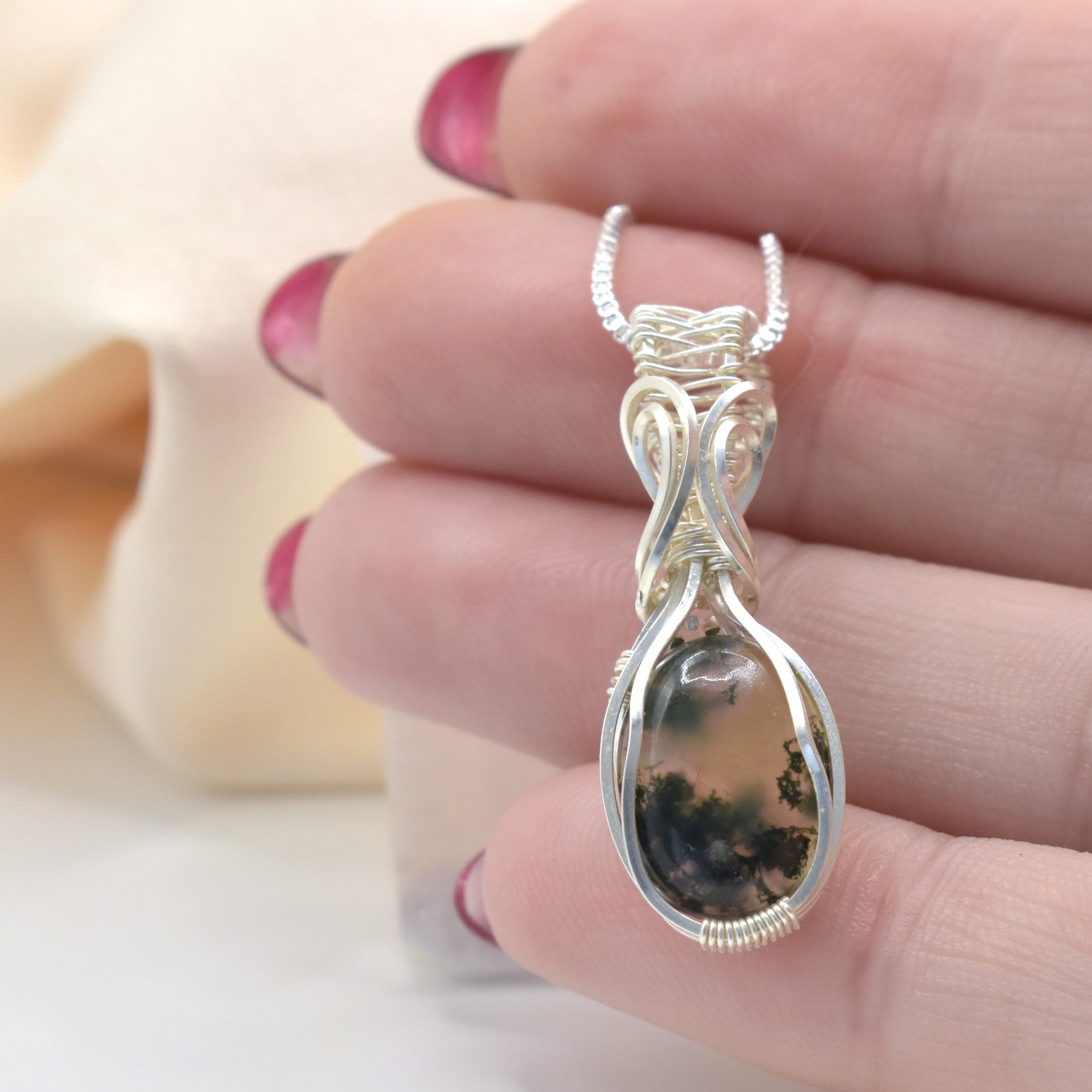 Wire-wrapped Moss Agate Silver Pendant