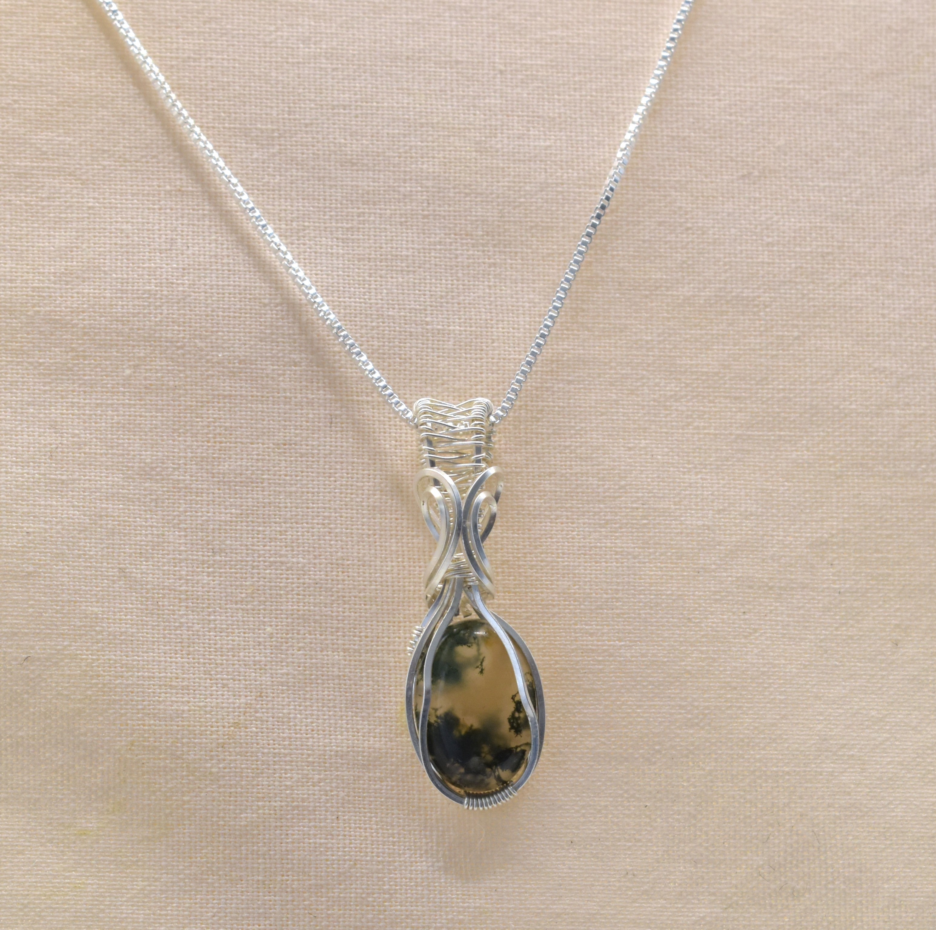 Wire-wrapped Moss Agate Silver Pendant
