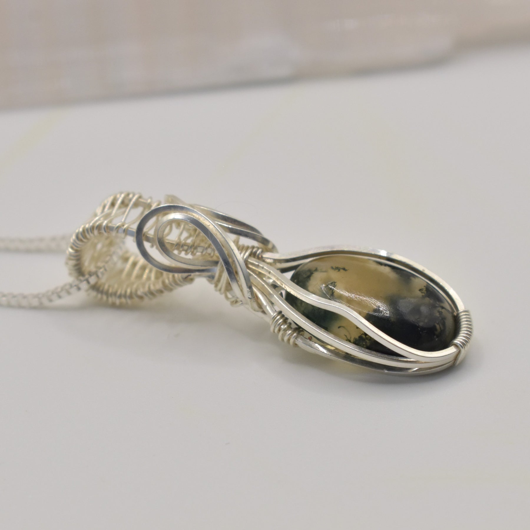 Wire-wrapped Moss Agate Silver Pendant
