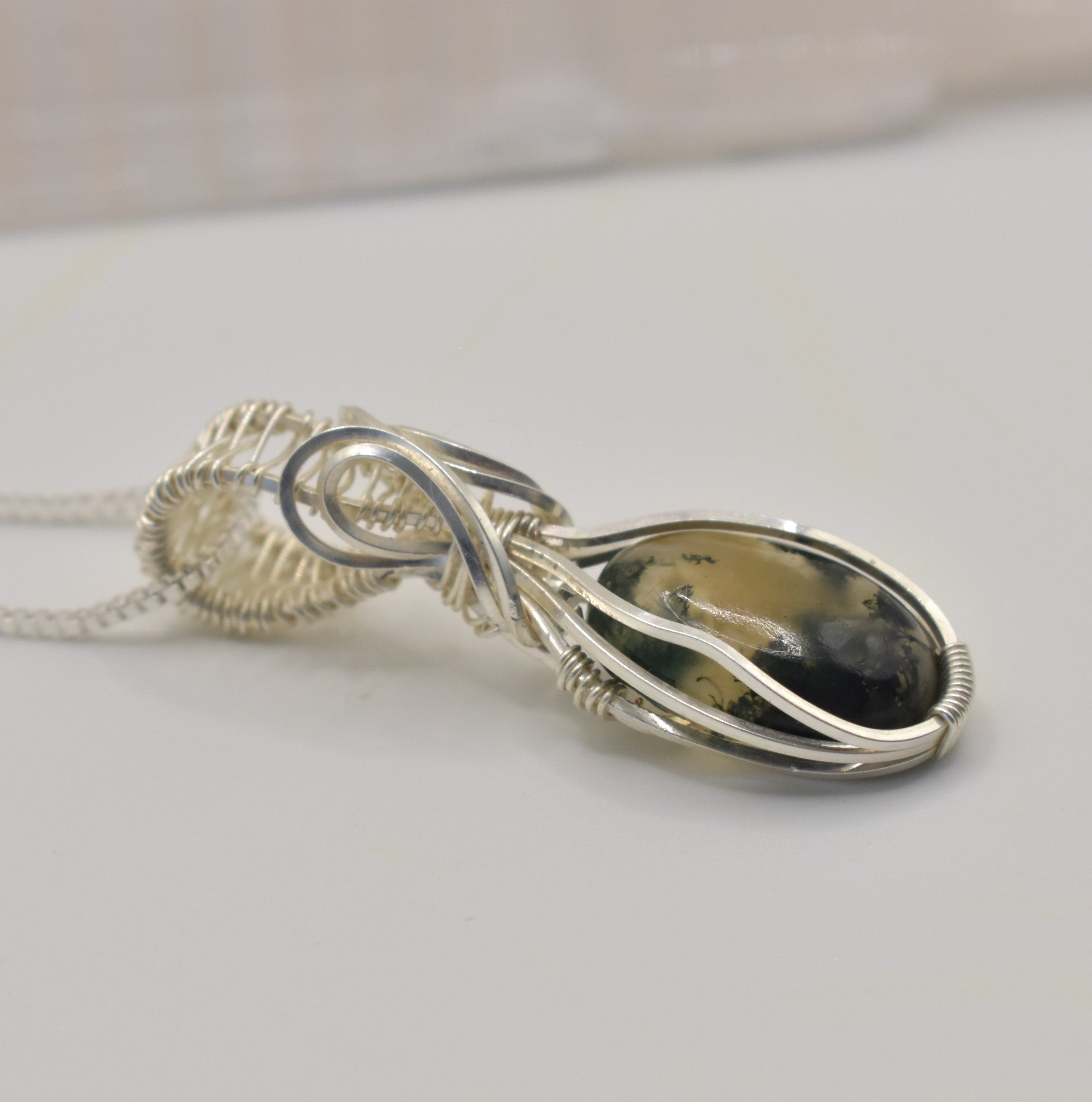 Wire-wrapped Moss Agate Silver Pendant