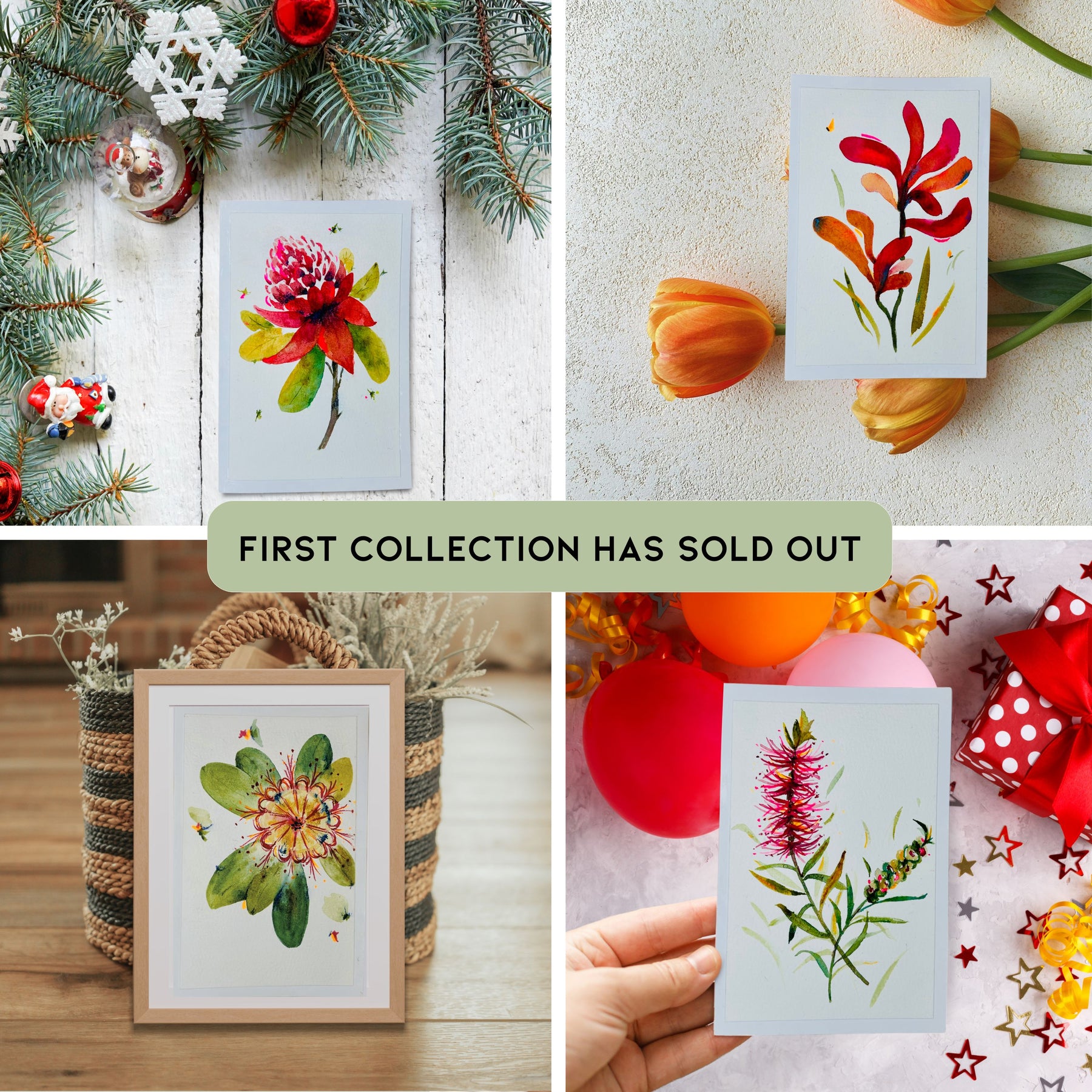 Handmade Australian Florals Greeting Cards – King Protea, Golden Wattle, Waratah, Flowering Gum