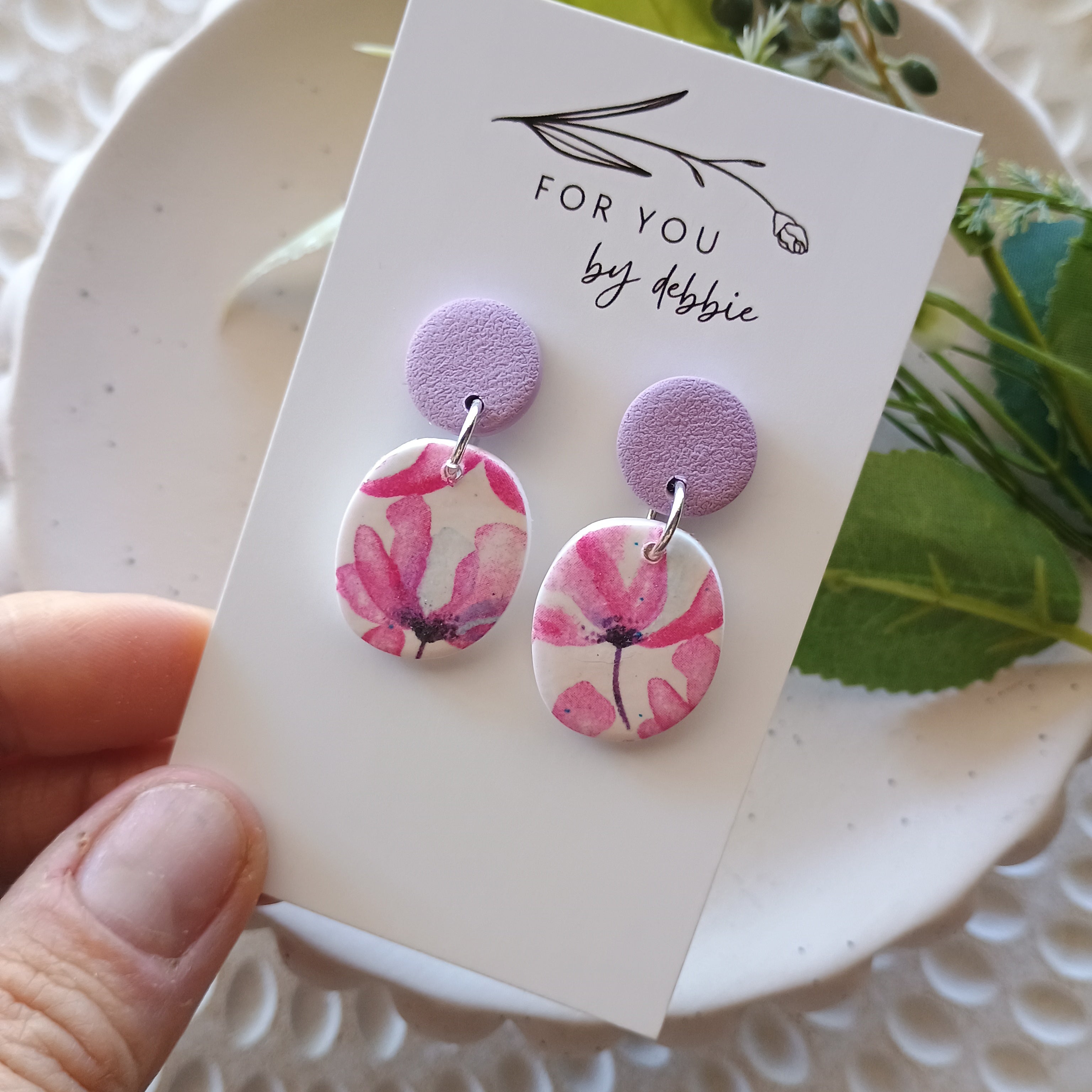 Small lavender floral dangle earrings