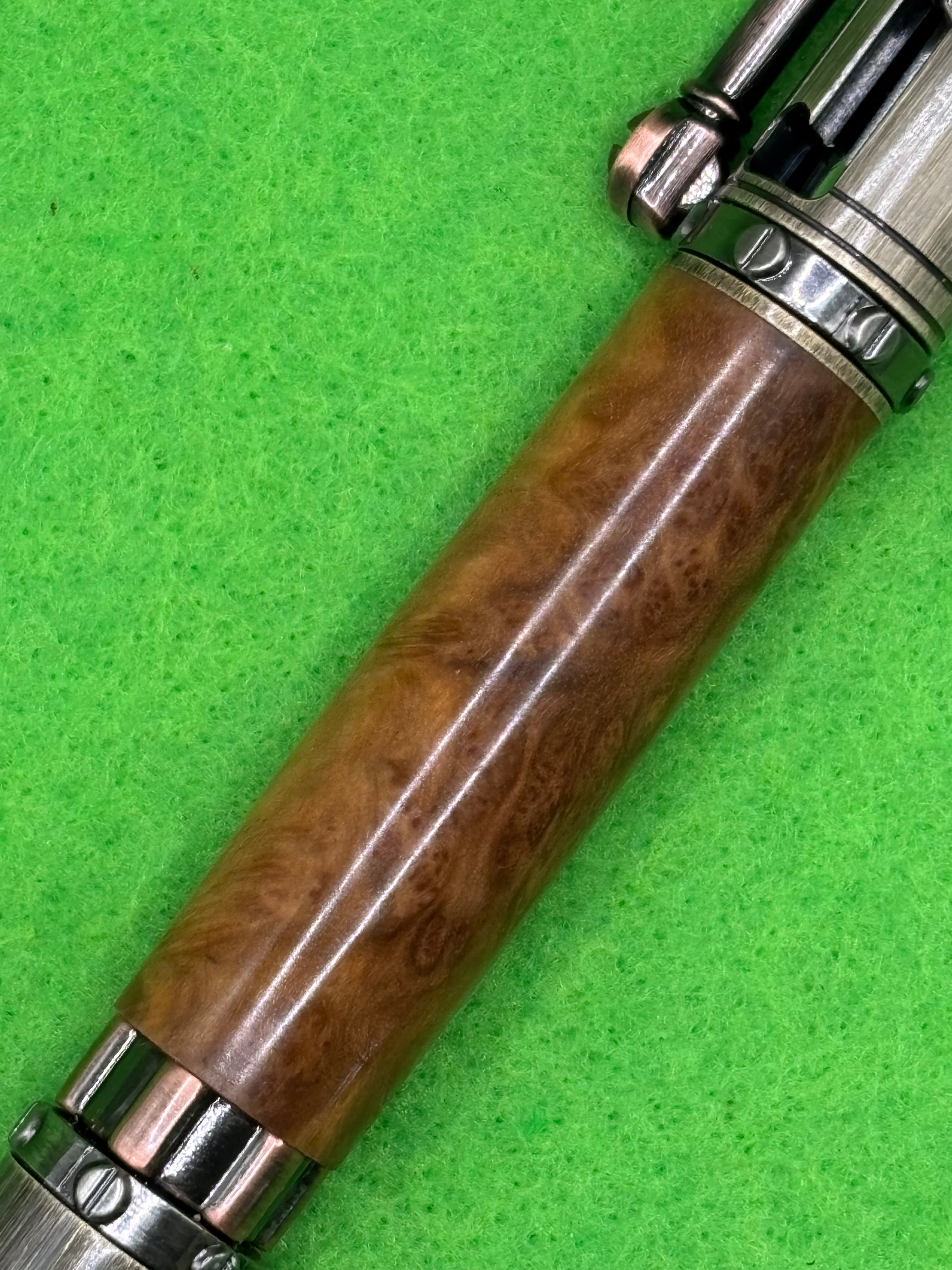 Victorian Steampunk Ballpoint Pen – Brown Mallee Burl – Rose & Bronze Accents
