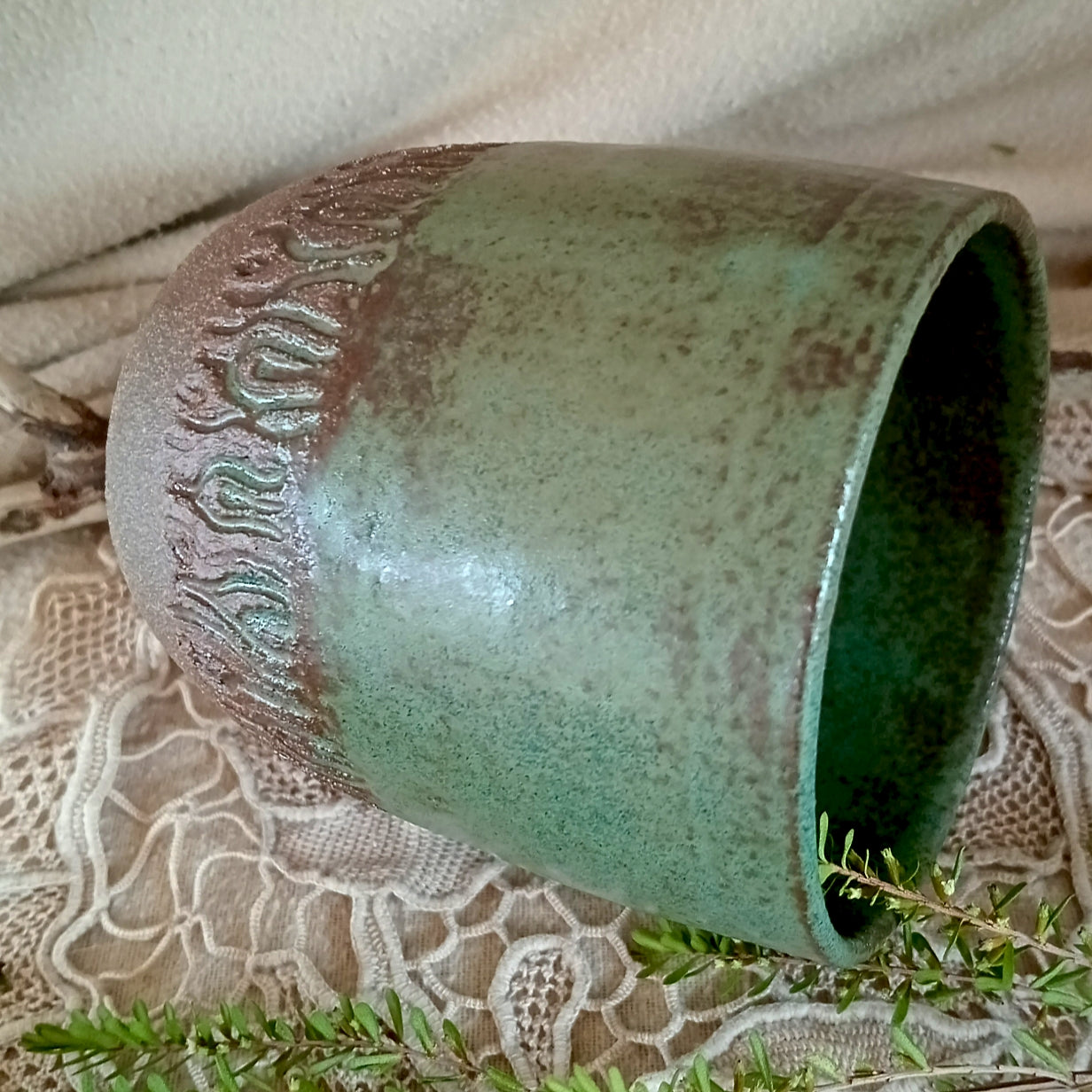 Ceramic tumbler in rustic teal green and rich brown