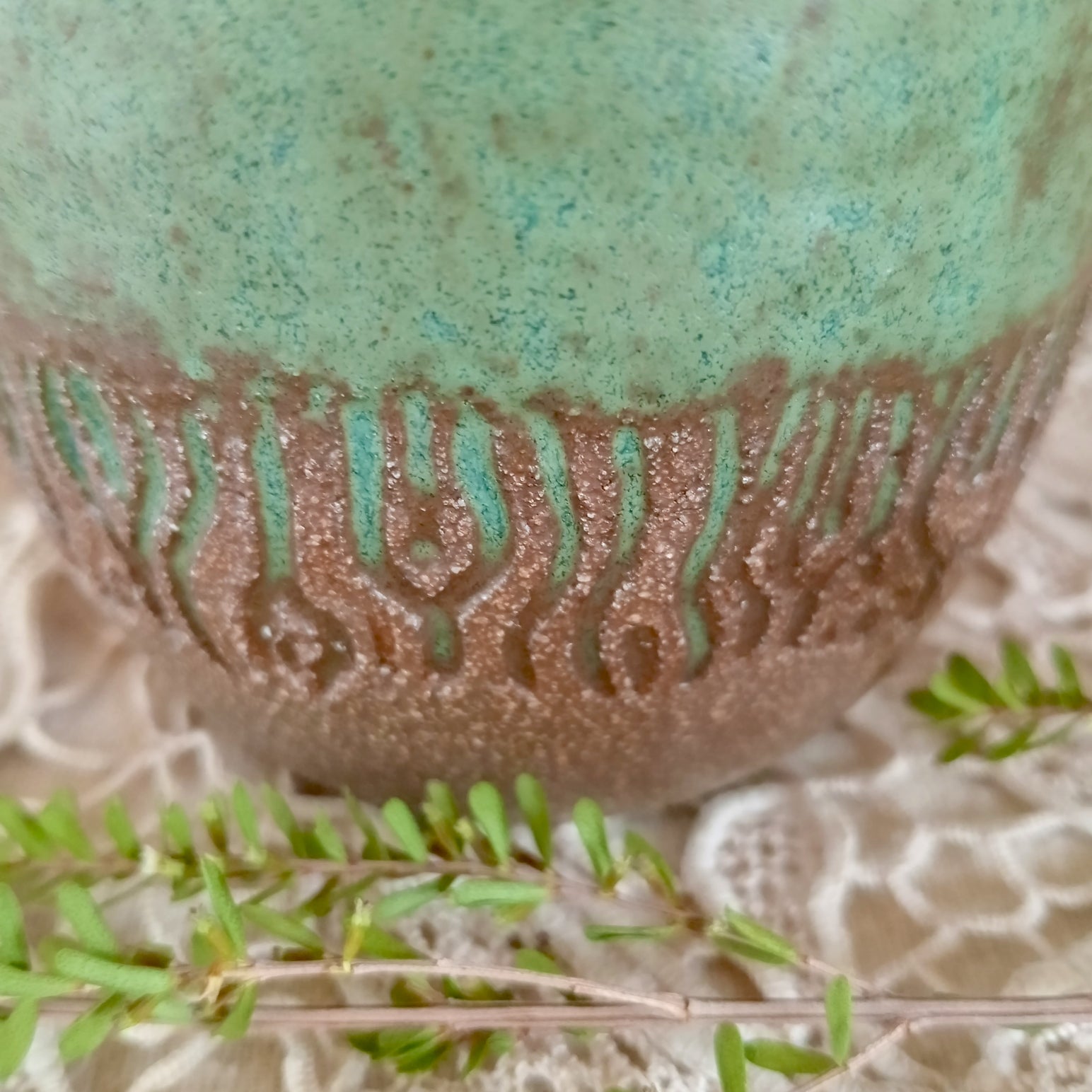 Ceramic tumbler in rustic teal green and rich brown