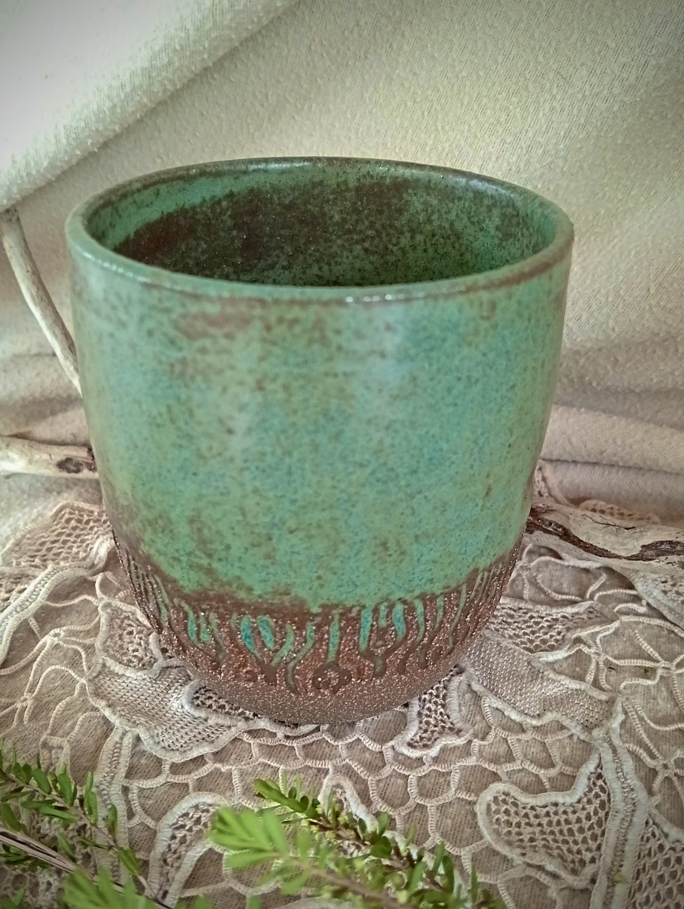 Ceramic tumbler in rustic teal green and rich brown