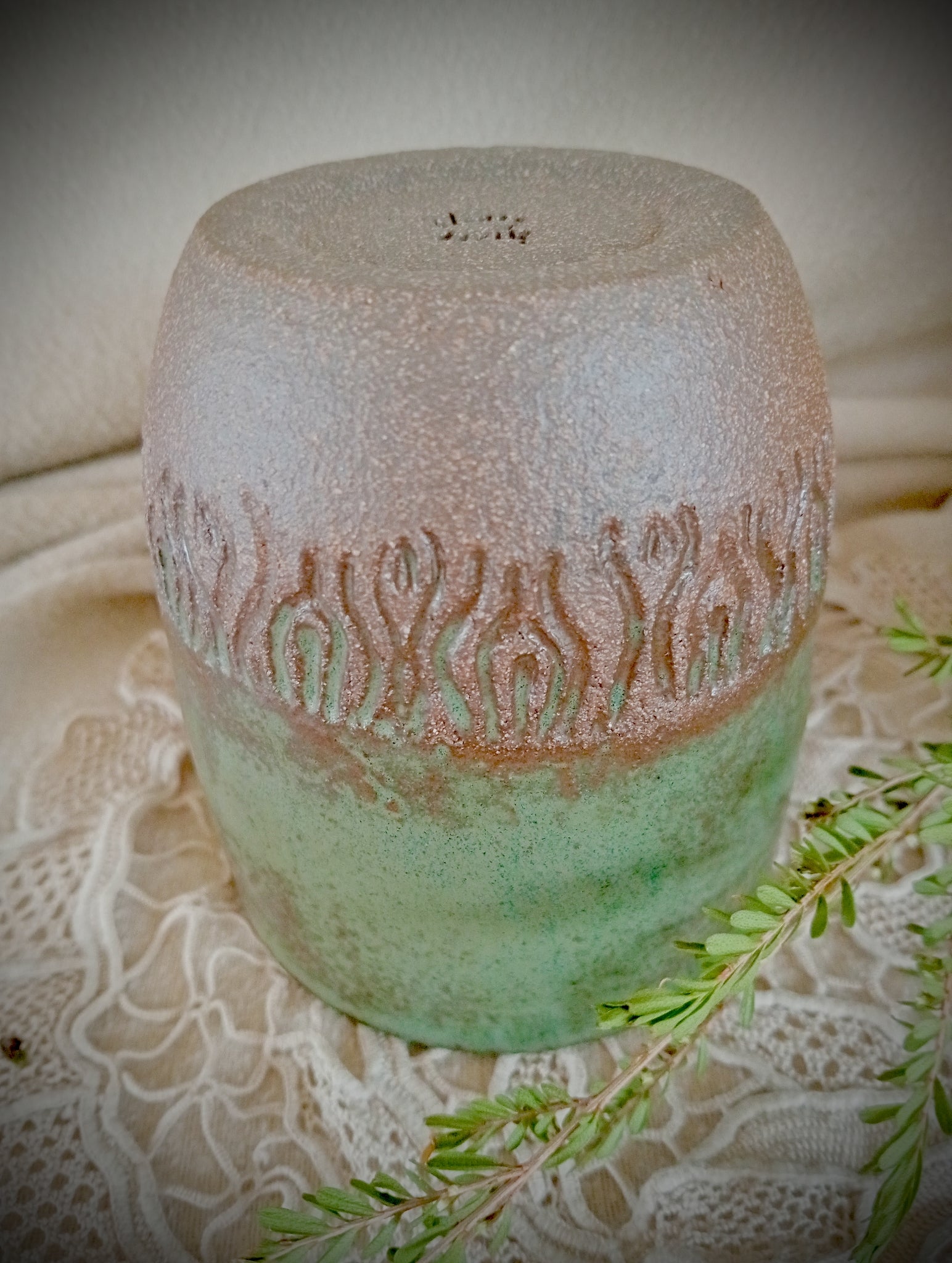 Ceramic tumbler in rustic teal green and rich brown