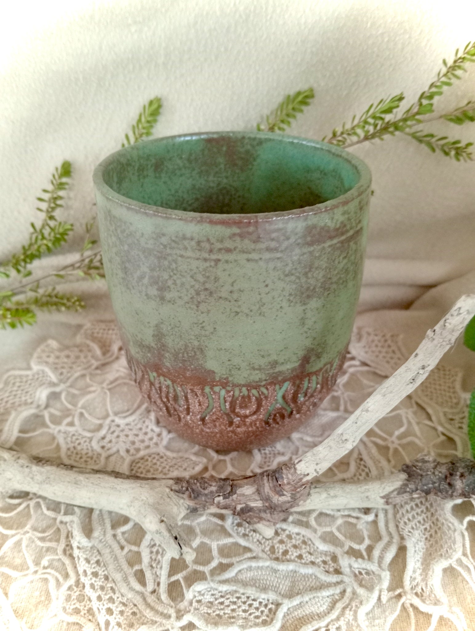 Ceramic tumbler in rustic teal green and rich brown