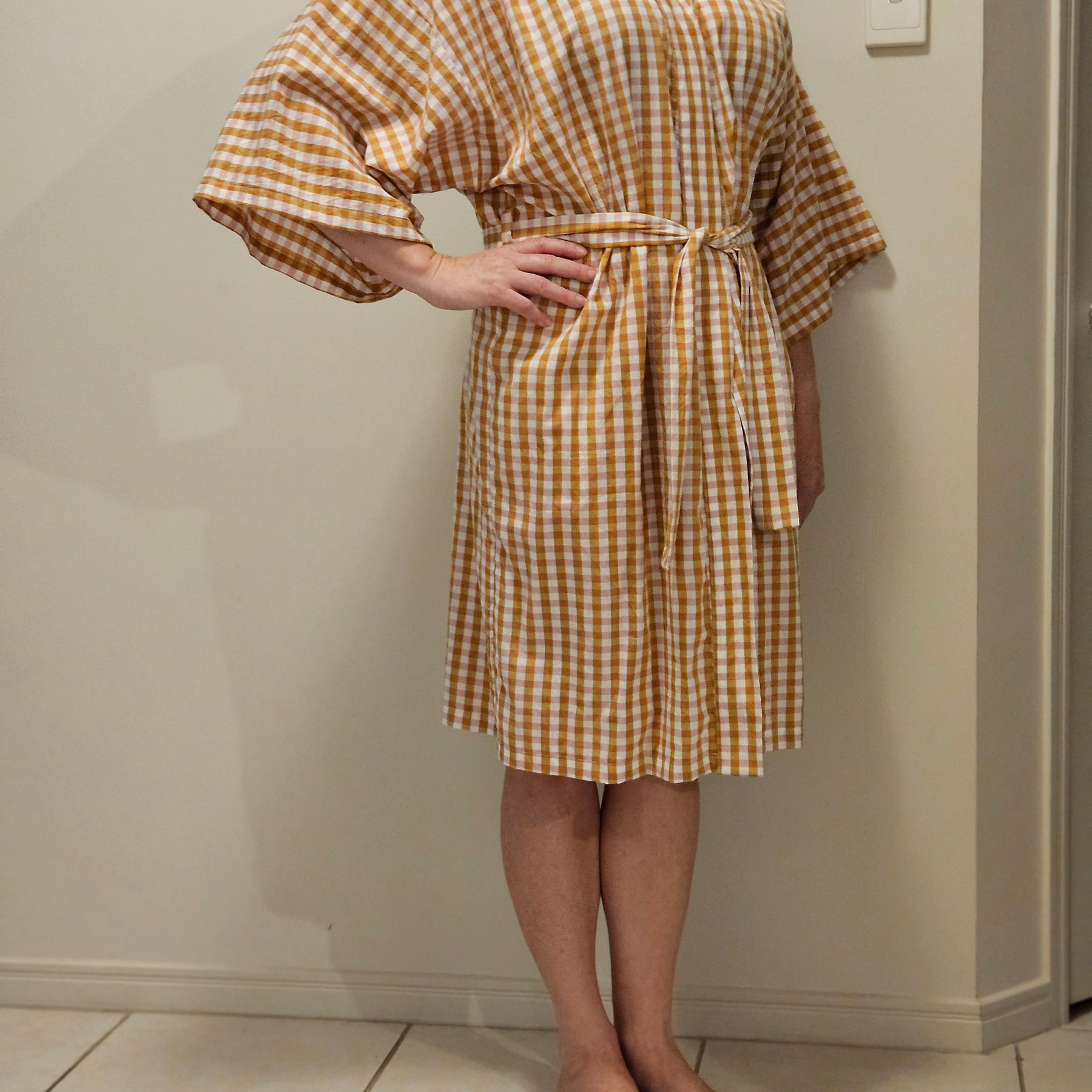 Dressing Gown Lightweight 100% Cotton Pink Caramel check