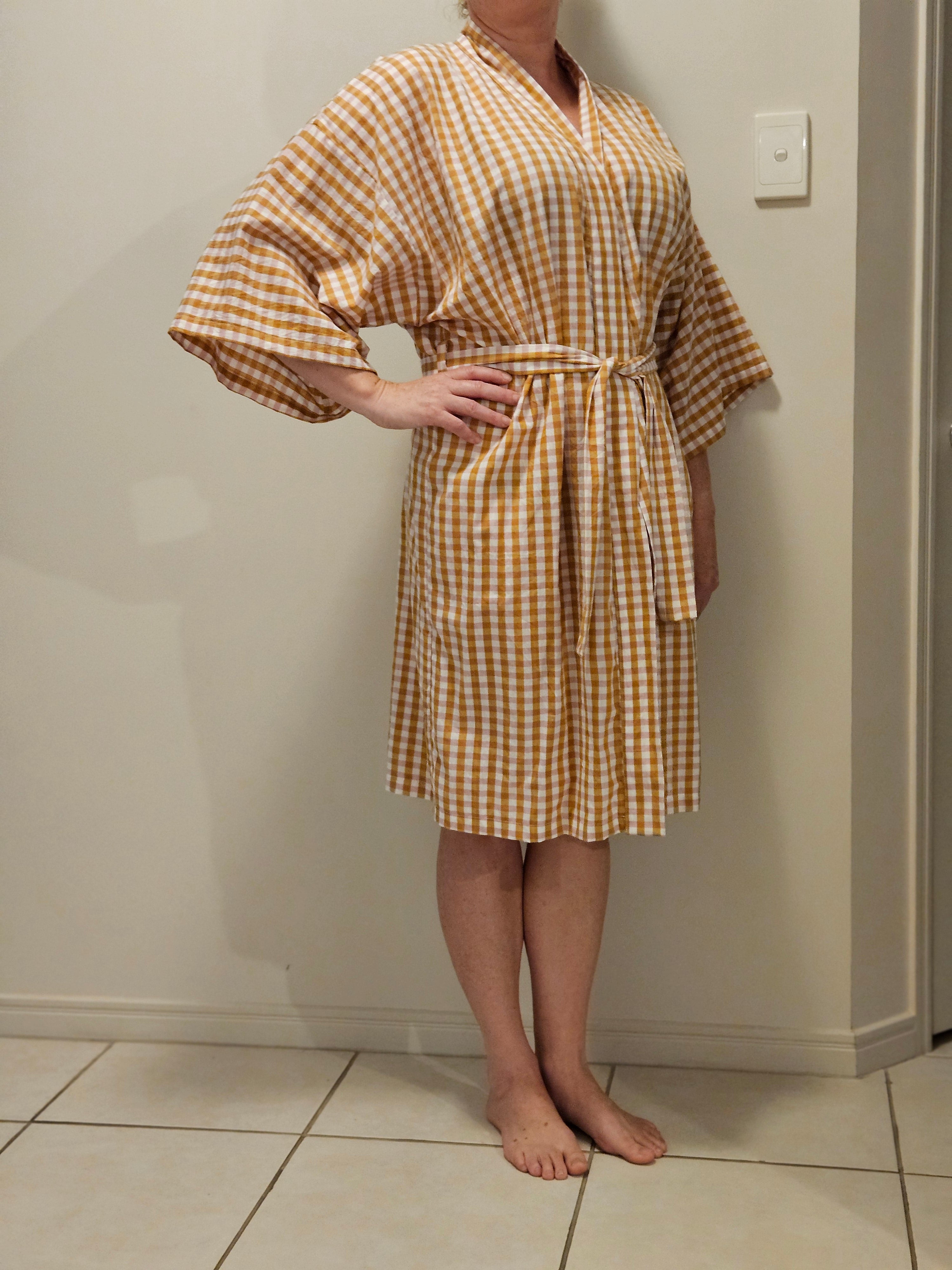 Dressing Gown Lightweight 100% Cotton Pink Caramel check