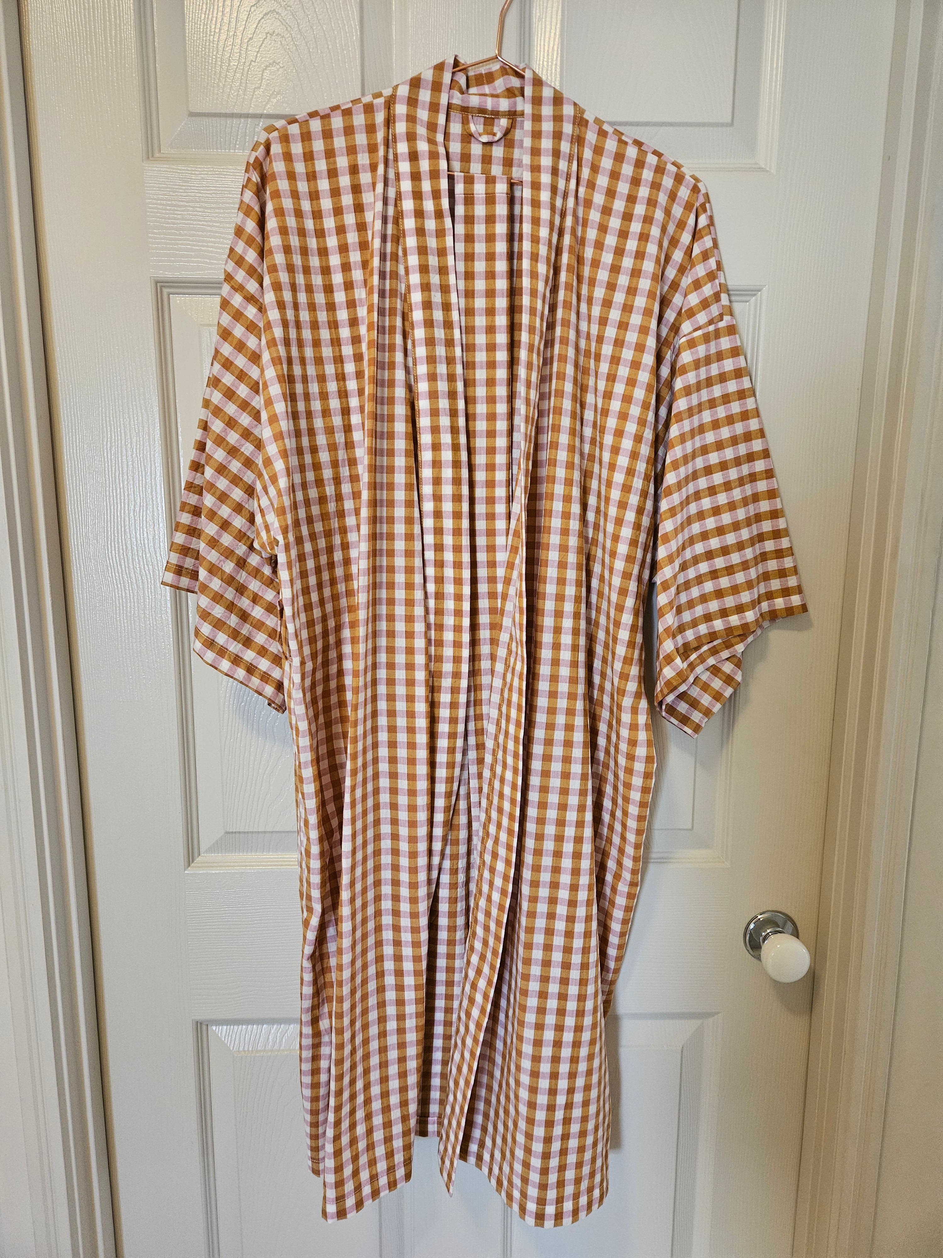 Dressing Gown Lightweight 100% Cotton Pink Caramel check