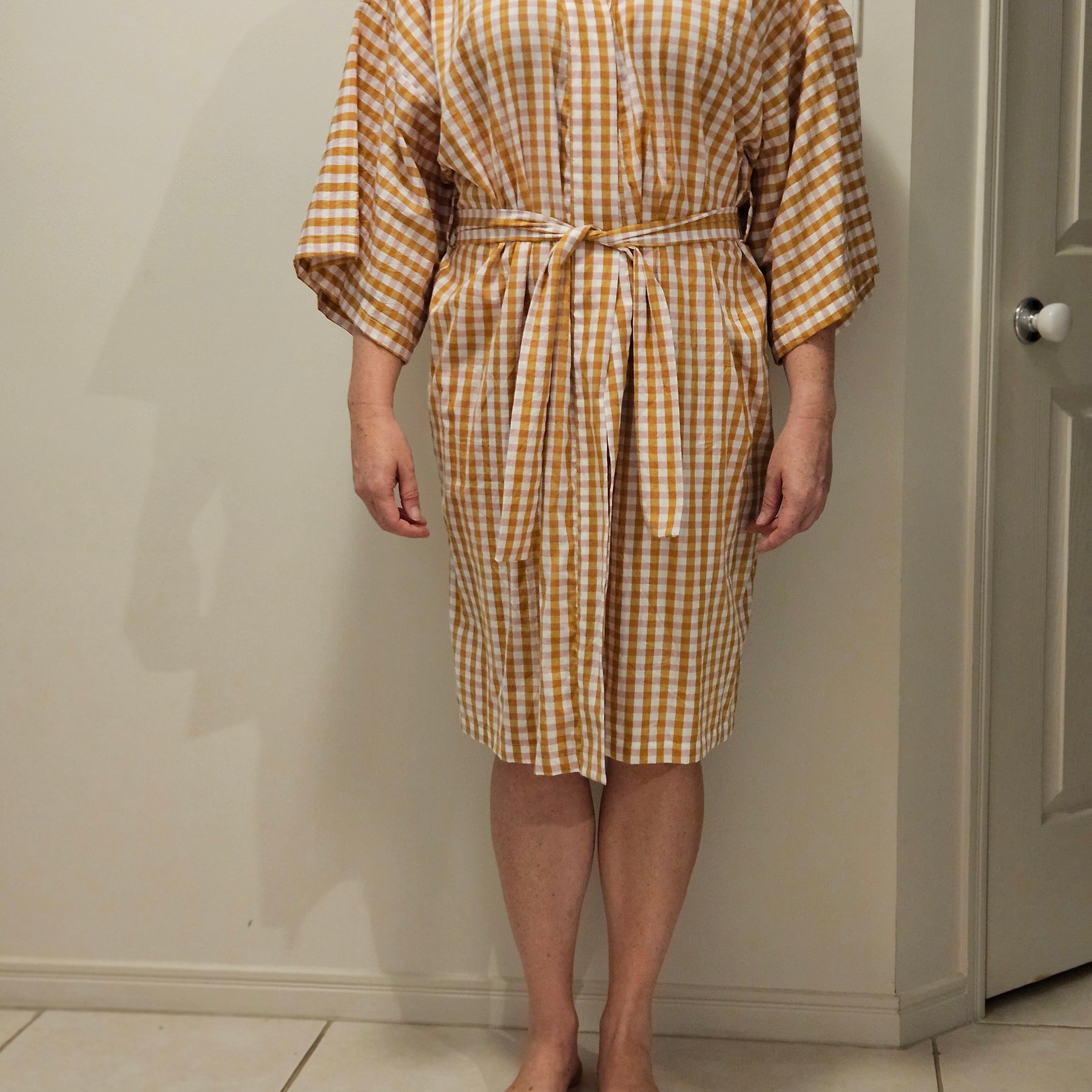 Dressing Gown Lightweight 100% Cotton Pink Caramel check