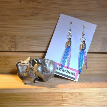 Purple and blue nylon mesh dangle earrings loop style.
