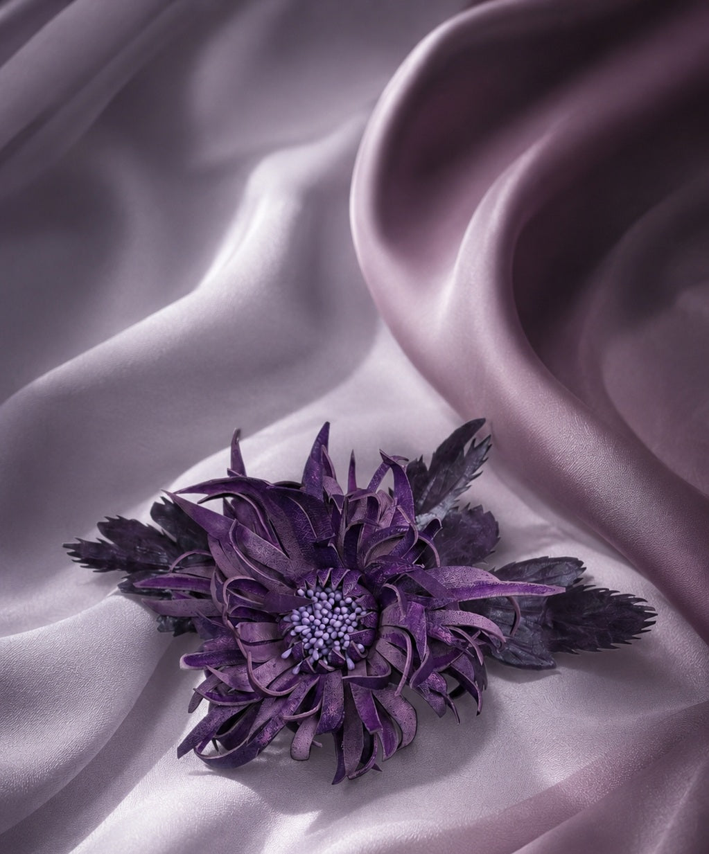 Leather  Chrysanthemum "Ribbon" Brooch / Hair Clip