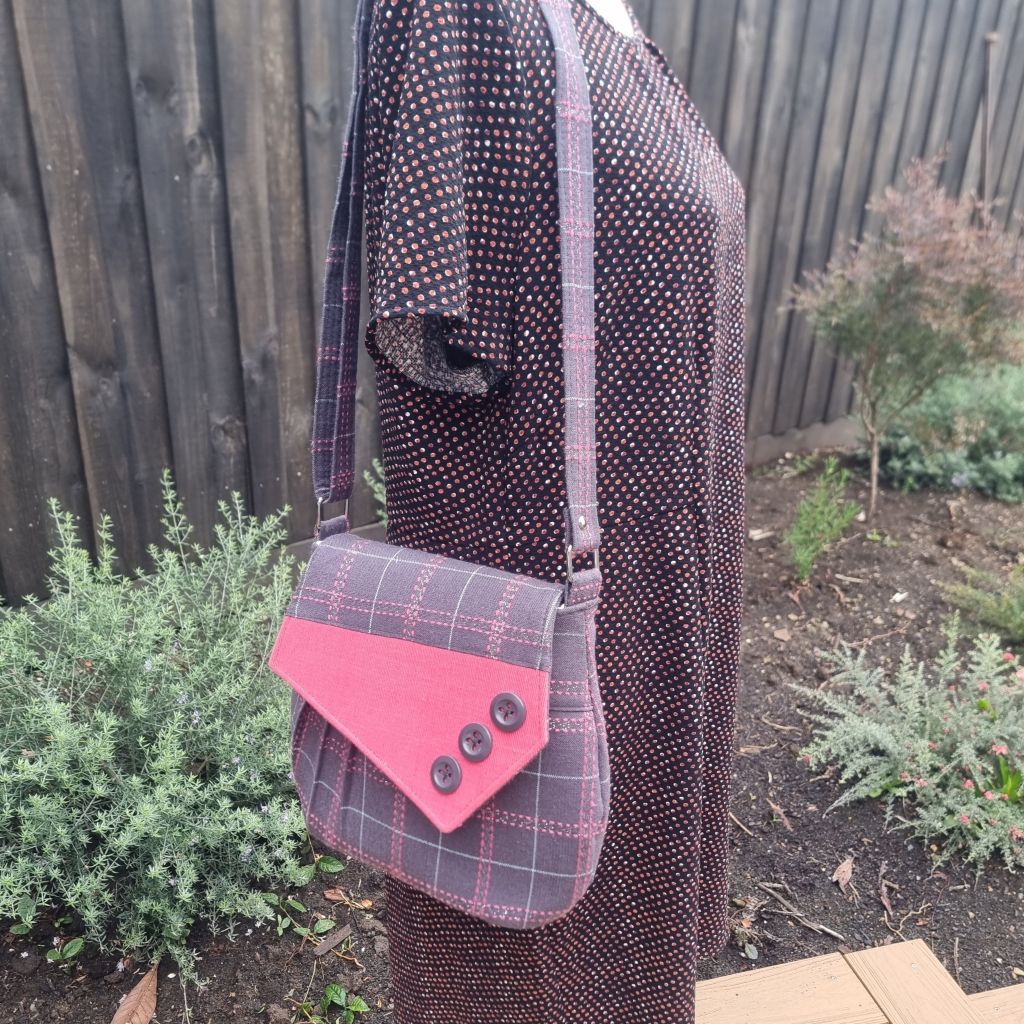 Upcycled assymetrical vintage style barrel bag - dusty grey brown & pink