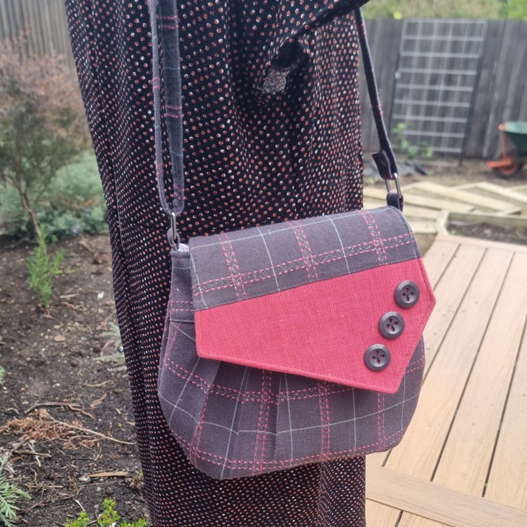Upcycled assymetrical vintage style barrel bag - dusty grey brown & pink