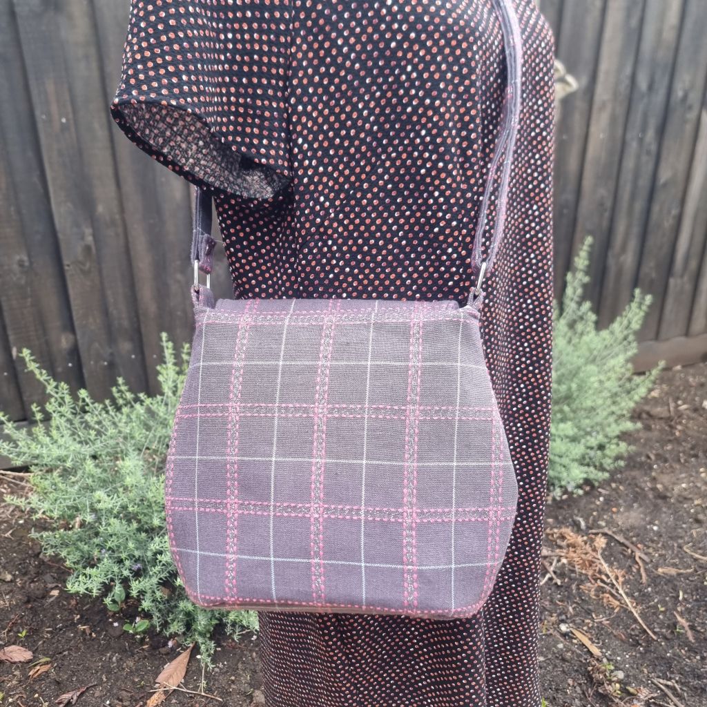 Upcycled assymetrical vintage style barrel bag - dusty grey brown & pink