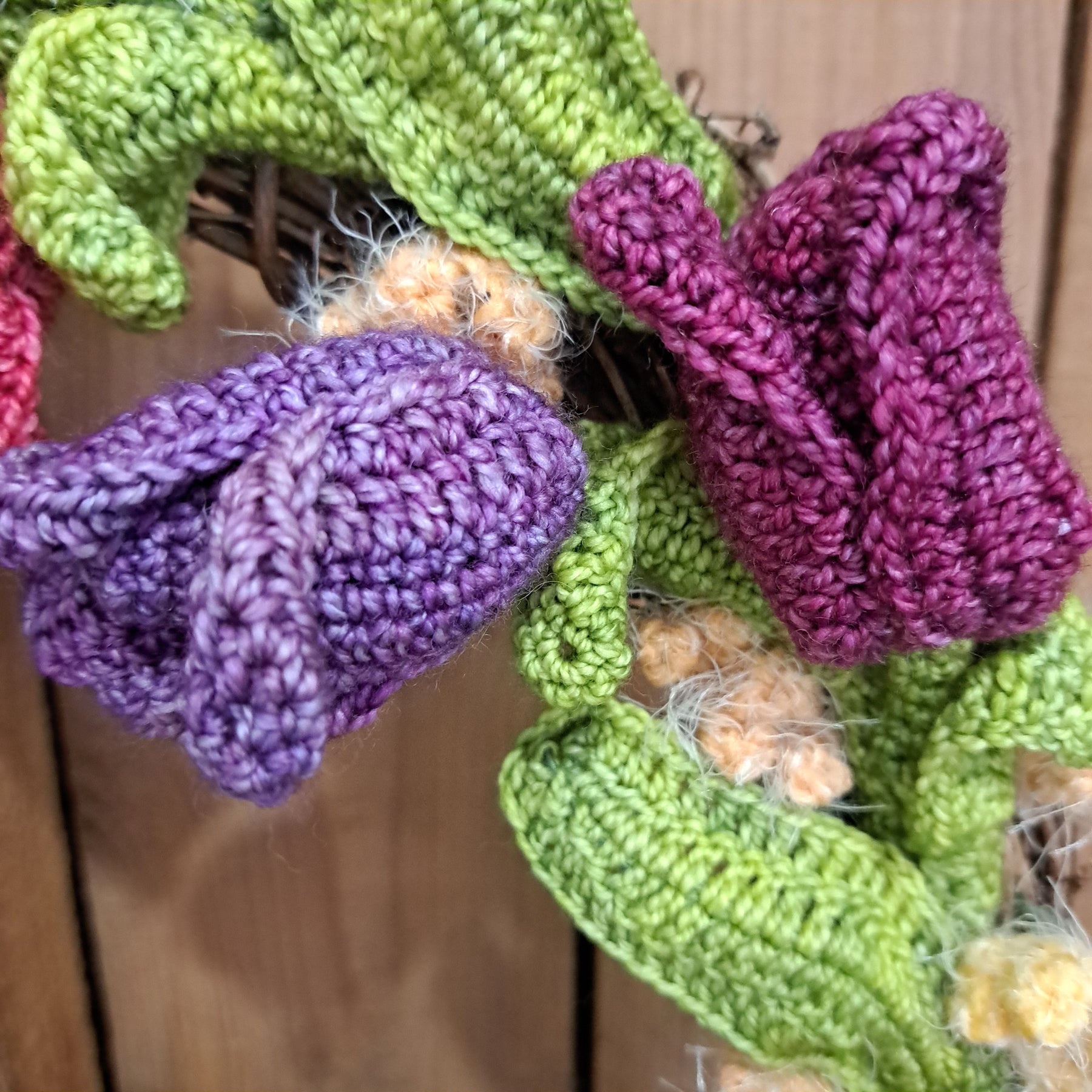 Handmade crochet tulip wreath pinks purples